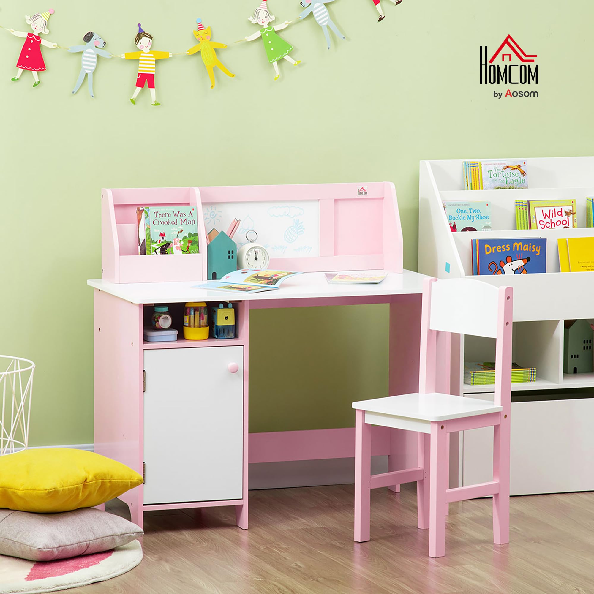 HOMCOM Set Tavolo e Sedie per Bambini 5-8 Anni in Legno con Banco Scuola, Set di Mobili per Bambini con Spazio Portaoggetti e Lavagna Bianca e Sedia, Bianco e Rosa