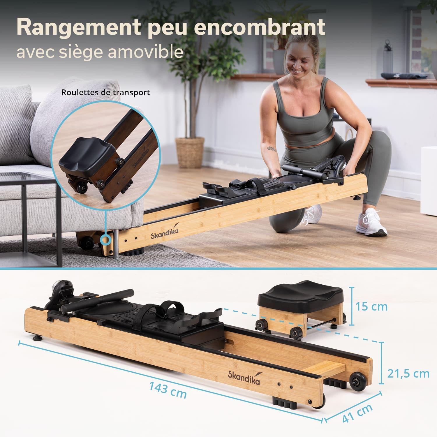 Skandika Rovek Rameur en bois pour la maison, résistance magnétique avec 32 niveaux, système de masse d'inertie de 6 kg, compatible avec application Kinomap, jusqu'à 195 cm