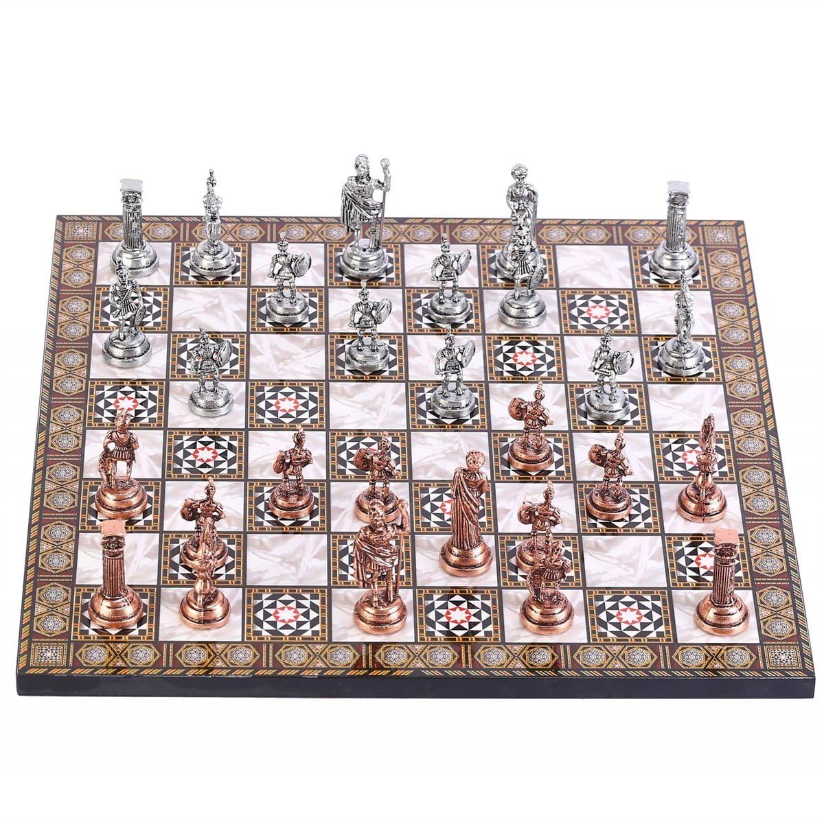 GiftHome Orta Boy Metal Roma Satranç Takımı Antik ve Sedef Desenli MDF Ahşap Satranç Tahtası (37x37 cm.)