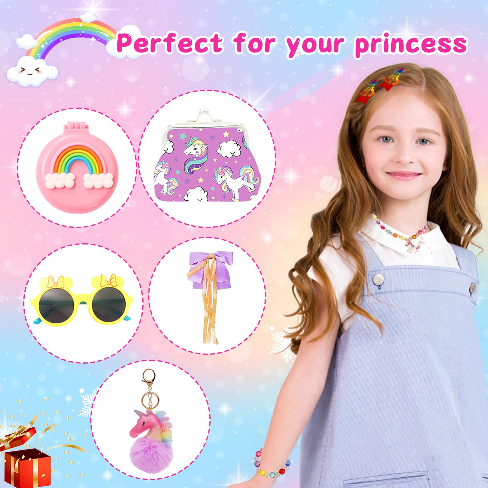 Moerstar Advent Calendar 2025 for Girls Kids Unicorn Christmas Countdown Calendar with Hair Accessories Jewelry Set Bracelets Keychains Glasses Unicorn Bag for Girls Christmas Gifts - Image 4