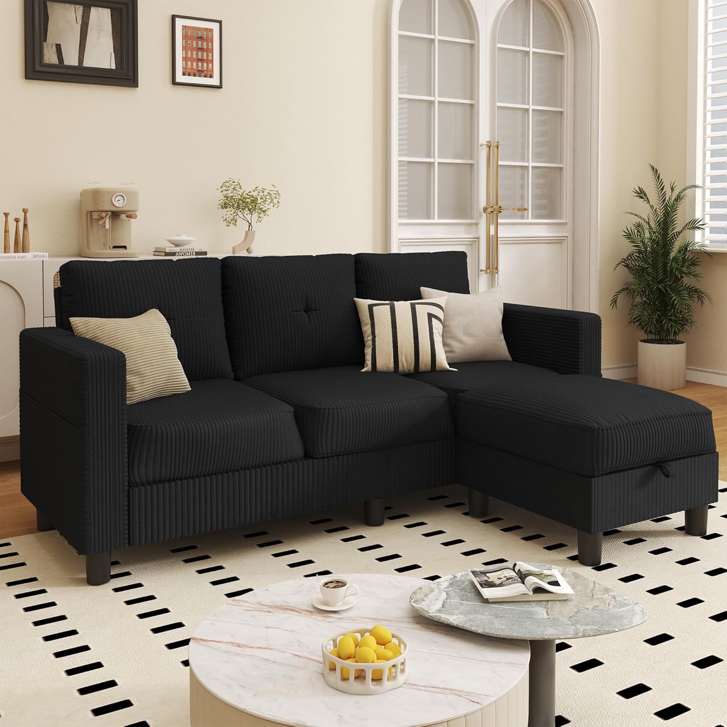 JAMFLY Convertible L-Shaped Sectional Sofa with Reversible Storage Ottoman, 3-Seat Black Textured Fabric Couch with Side Pockets, Modern Compact Furniture for Small Apartments, Studios & Lofts, Black
