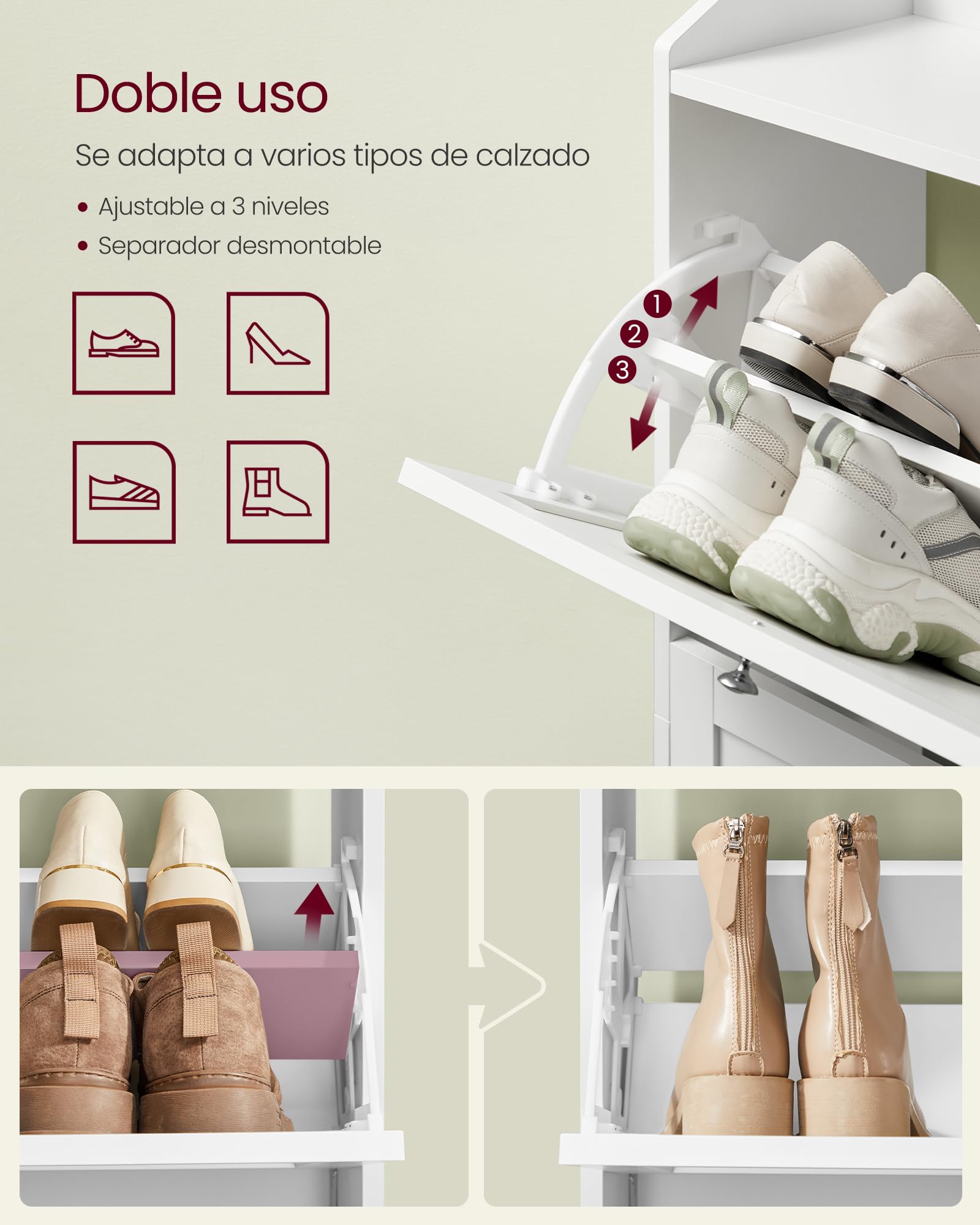 VASAGLE Armario Zapatero con 3 Solapas, Zapatero, Zapatero, Estante Superior, Divisor Ajustable, para hasta 12-20 Pares de Zapatos, Pasillo, 24 x 60 x 121,2 cm, Color Blanco Nube LBC036WB01