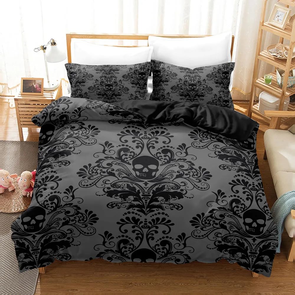 LinQton Skull Duvet Cover Set Black Skull Bedding Set for Adults Gothic Boho Floral Duvet Cover Soft Microfiber Bohemian Comforter Cover,Halloween Birthday Gifts (Black,King (U.K. Standard))