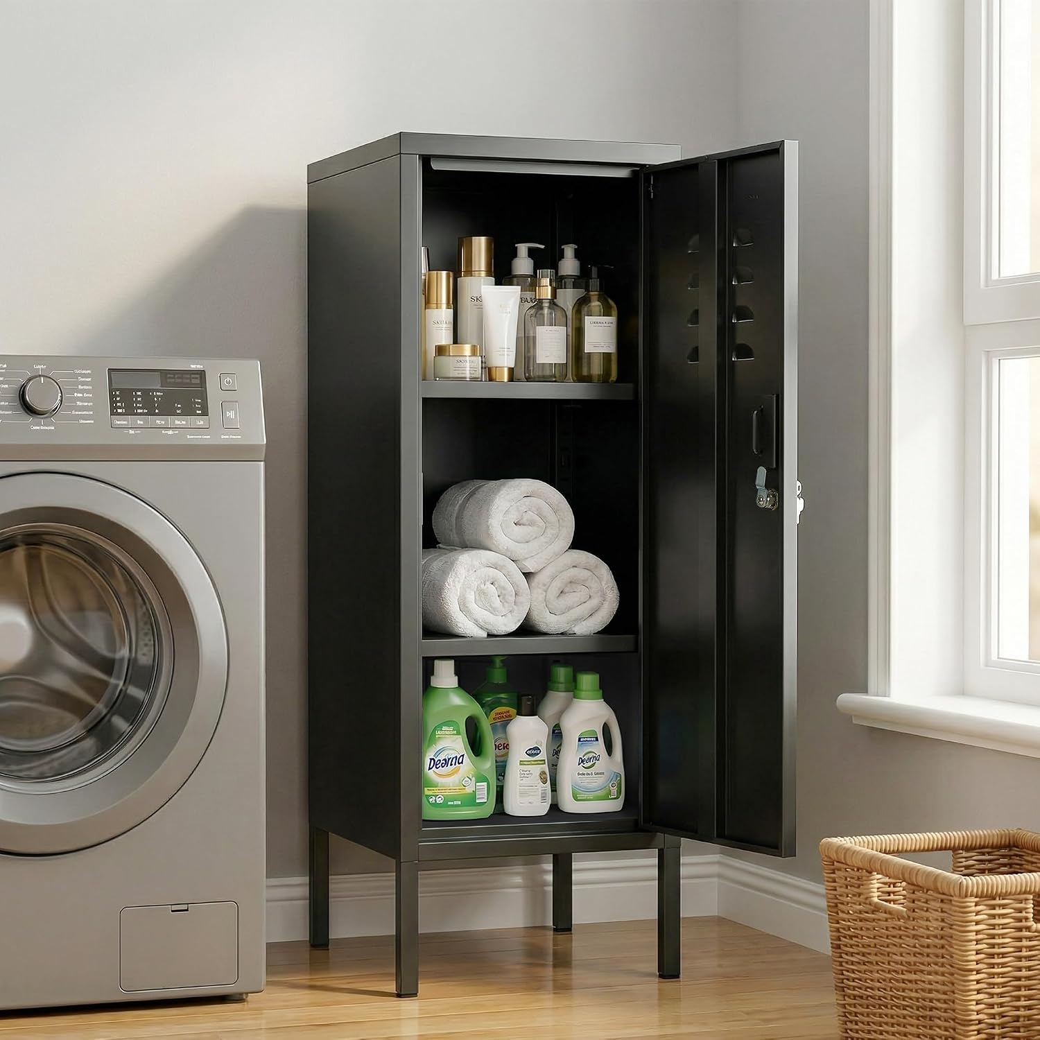 Lockable Metal Locker Cabinet, 39''h Metal Storage Cabinet with Lock, Adjustable Shelf & Ventilation, Steel Locker for Gym, School, Office, Home, Garage Black