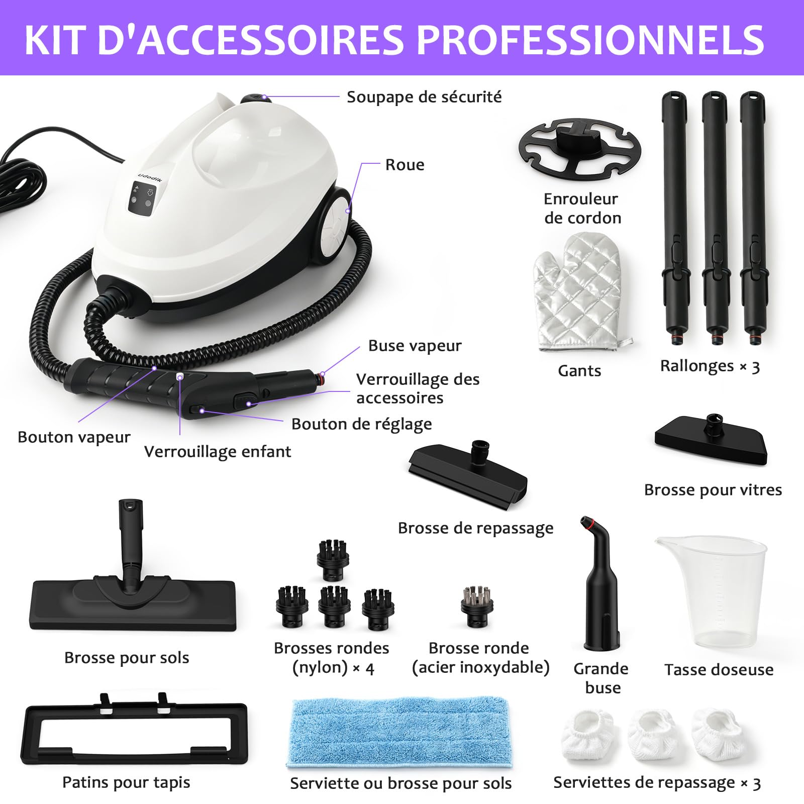 Nettoyeur vapeur portable pour la maison, vapeur à haute température de 120 °C, avec 20 accessoires, idéal pour sols, canapés, fenêtres, meubles et cuisine