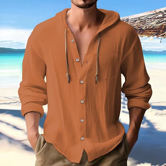 Felpa Con Cappuccio Uomo In Misto Lino E Cotone – Maniche Lunghe, Bottoni, Stile Casual Hawaiano, Per Spiaggia E Yoga - 3