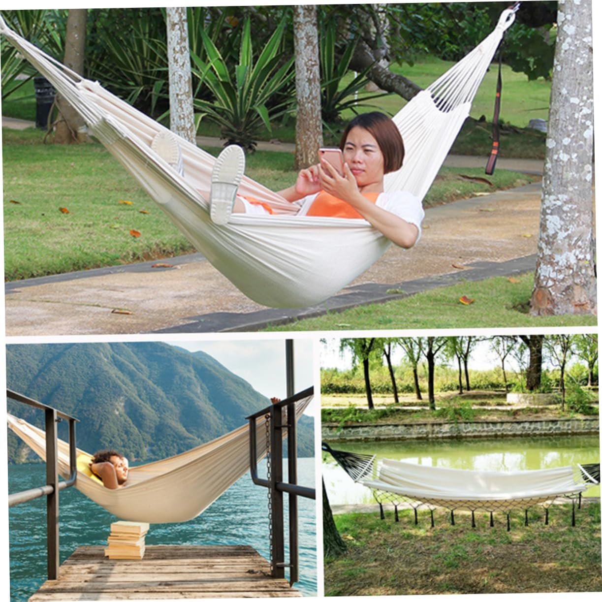 Mikikit Canvas Swing Hammock Camping Hammock Bind Rope Outdoor Hanging Chair for Adults