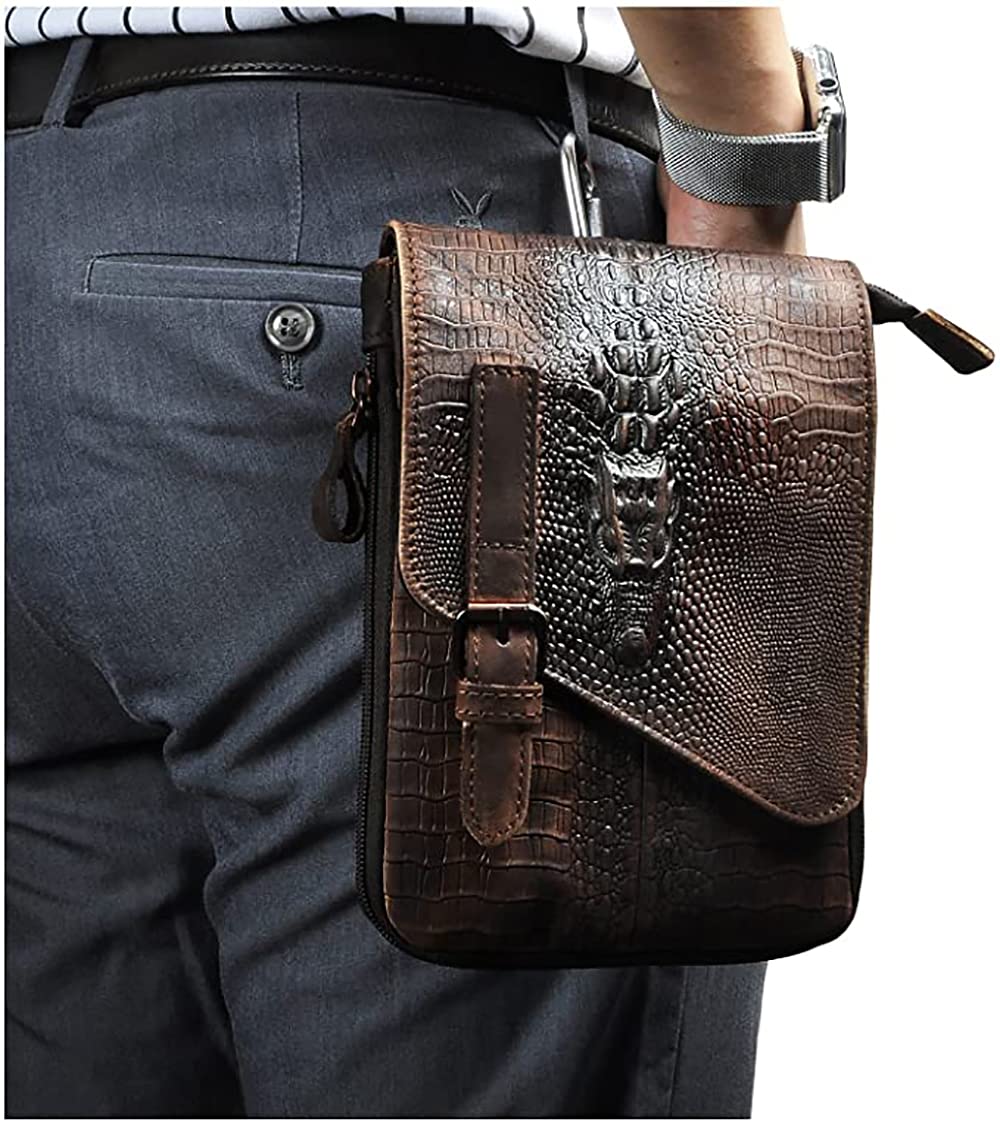 Le'aokuu Herren Verrückt Pferd Leder Tasche Freizeit Universität Schultasche Reisetasche Schultertasche Messenger Bag 611 (611-1 Krokodil Dunkebraun-Größ)