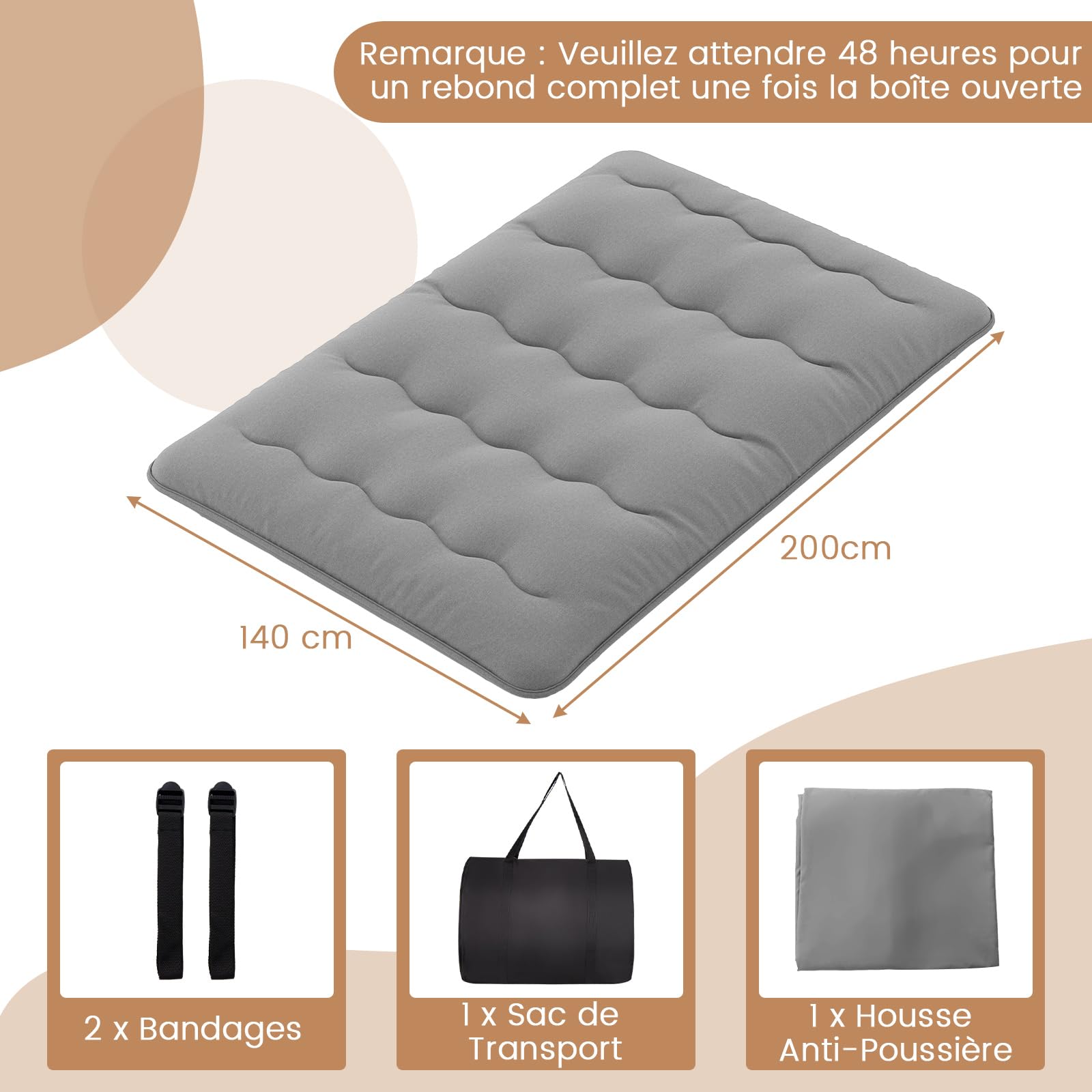 GOPLUS Matelas Futon Japonais 1/2 Personnes,Lit de Couchage Enroulable de Sol Pliable et Portable avec Sac de Transport pour Camping, Voyages en Voiture 90/140x200CM (Gris,140 x 200 cm)