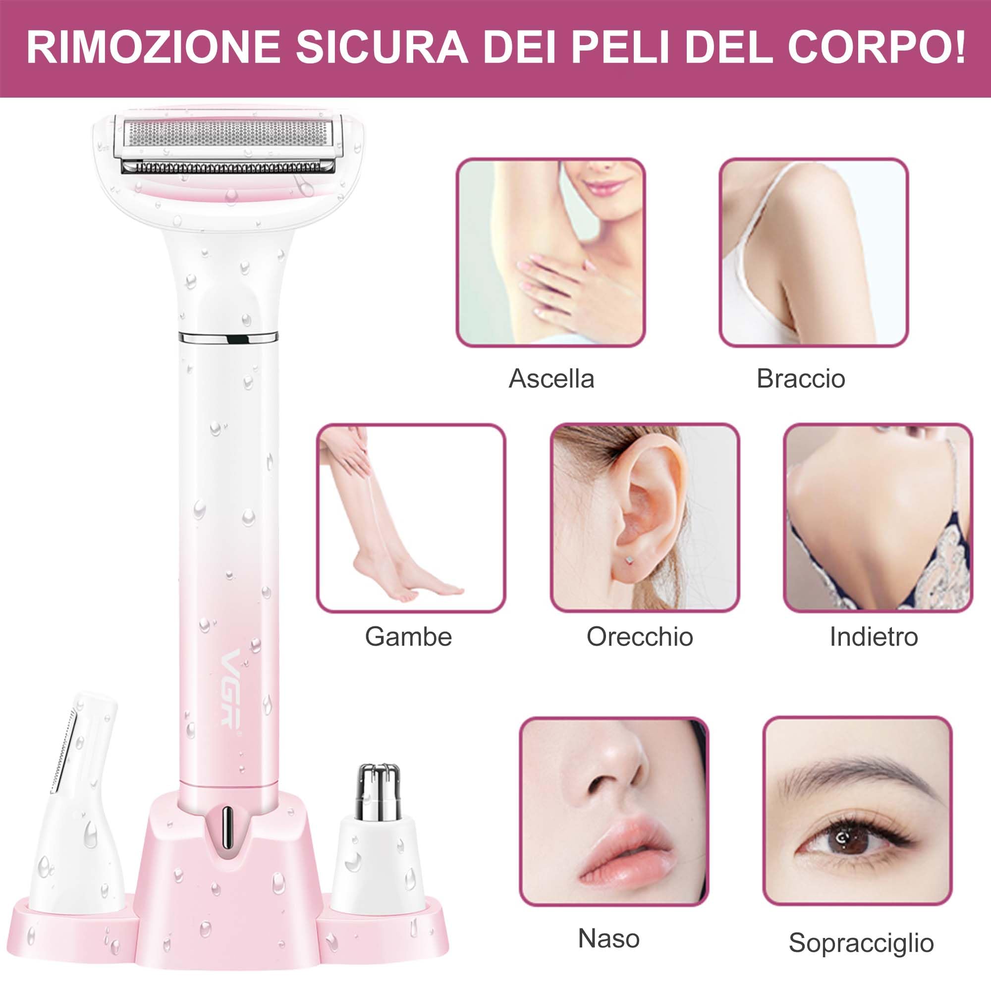 VGR 611 - Rasoio elettrico da donna 3 in 1, senza fili | Rasoio per peli del naso e del viso, ricaricabile, depilazione delicata per gambe, ascelle, bikini e viso