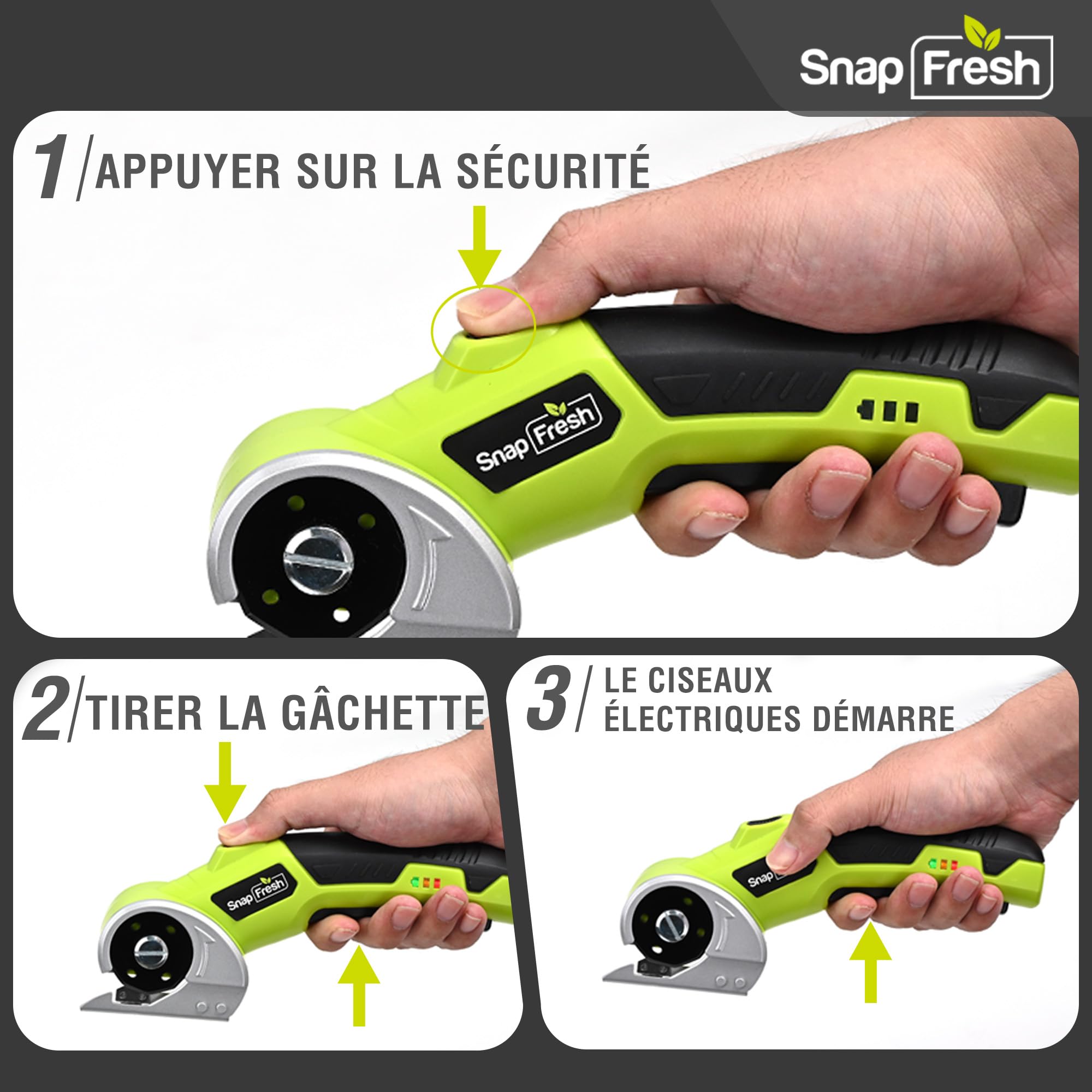 SnapFresh Ciseaux Électriques Sans Fil Cutter Rotatif avec 2 Lames Auto-Affûtantes SKS7, LED & Sac de Rangement – Akku Universel Coupe Carton, Papier, Tapis, Cuir, Feutre, PVC