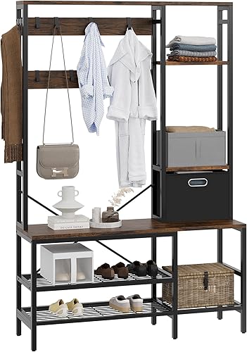 Miniatura 7 de JAMFLY Perchero de árbol de pasillo con luces LED, banco de entrada de 47 pulgadas con almacenamiento de zapatos y ganchos para abrigos, organizador