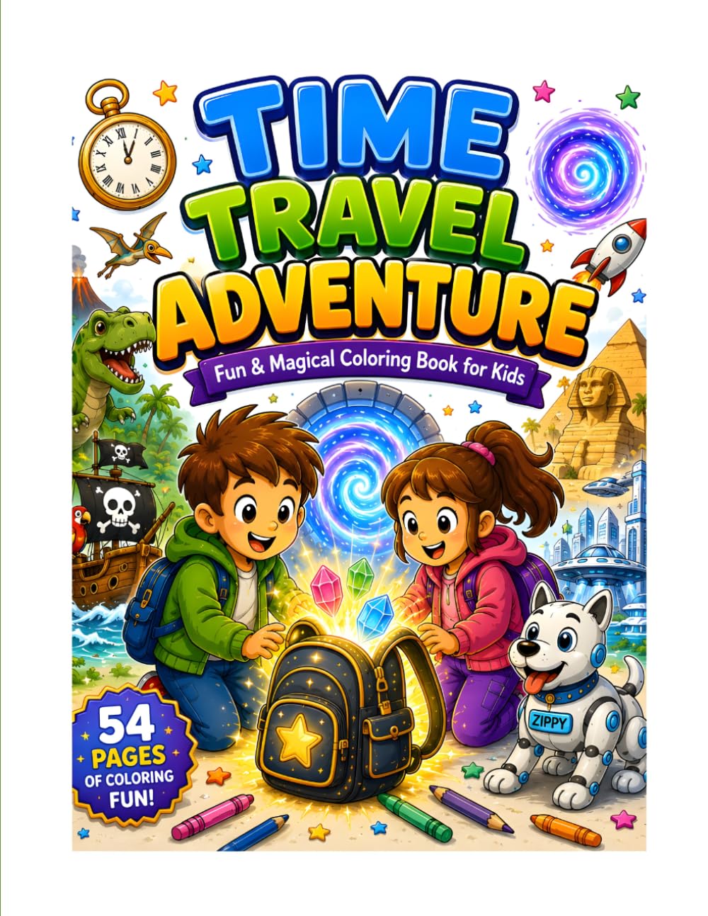 Colouring Book for Kids : Time Travel Adventure Colouring Book: A Magical Colouring Journey with Dinosaurs, Pirates, Egypt & Future Worlds