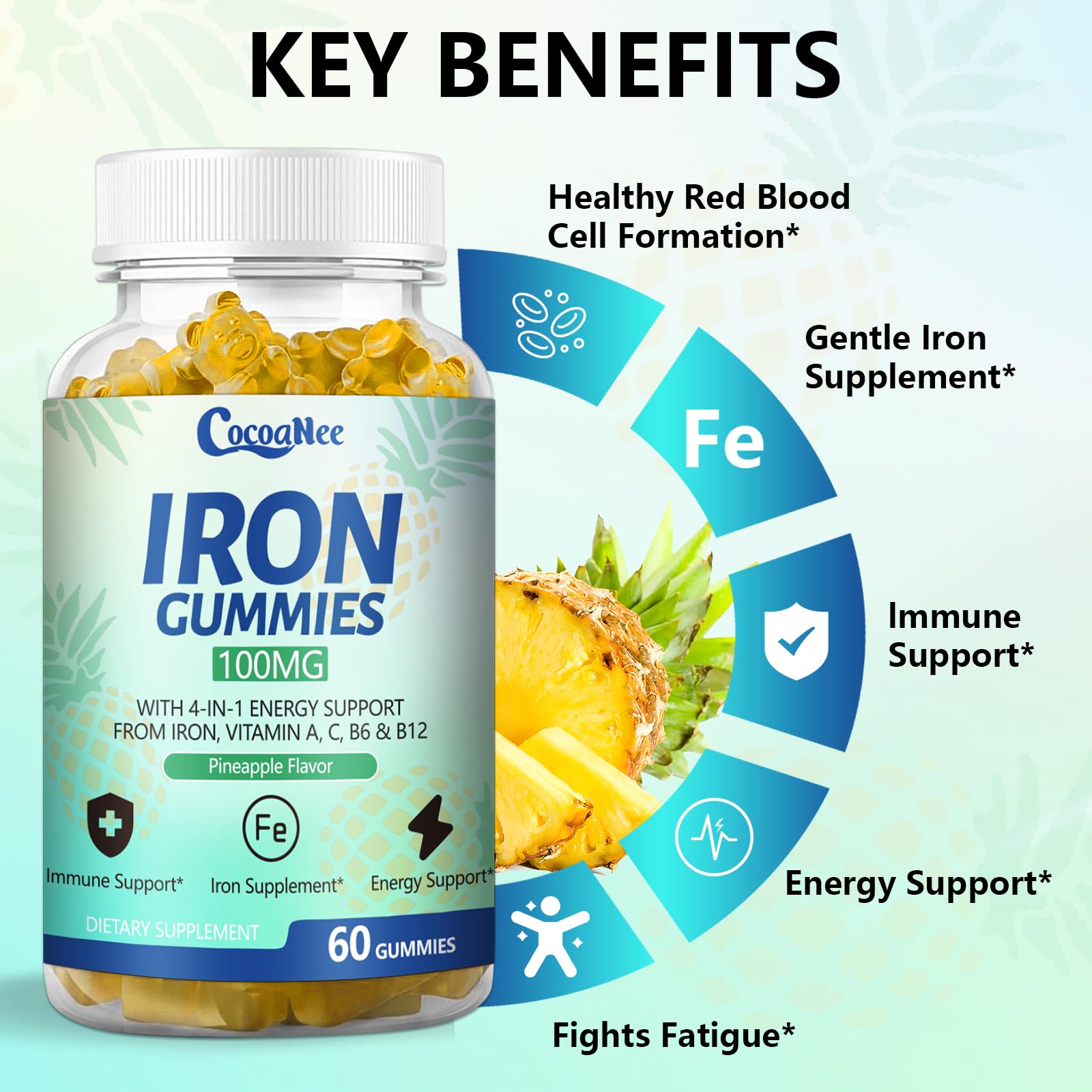 2 Pack 100MG Iron Supplements, Iron Gummies for Women & Men - Vitamin C, A, B12 - Complex, Improve Absorption, Energy Boost, Iron Deficiency for Adults & Kids - Complex Folate, Zinc, 120Cts — Amazon image 4