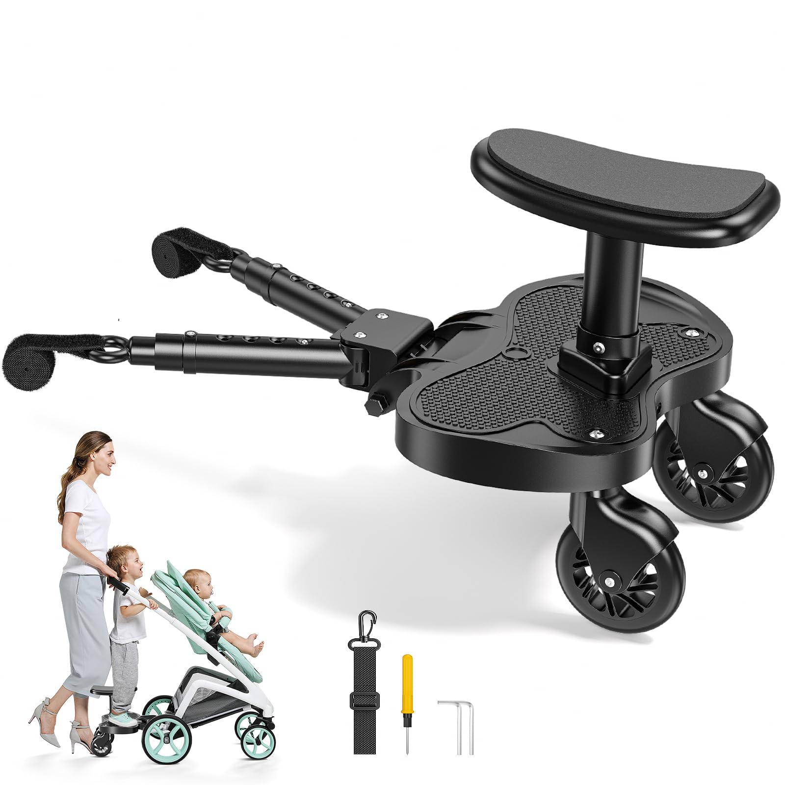 Buggy Board mit Sitz, Trittbrett für Kinderwagen Universal für Kinder von 2 bis 6 Jahren, Flexible Anpassung Kiddy Board, Kompatibel mit den Meisten Kinderwagen, Bearing 25KG
