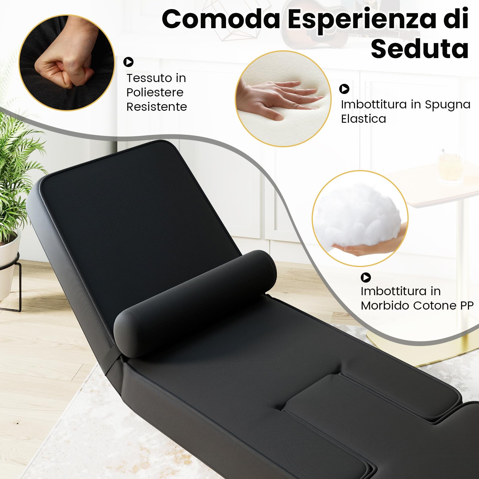 COSTWAY Sedia da Terra Pieghevole, Poltrona Relax Imbottita con Schienale e Poggiapiedi Regolabili, Sedia da Pavimento con Tavolino e Cuscino, per Soggiorno e Camera da Letto
