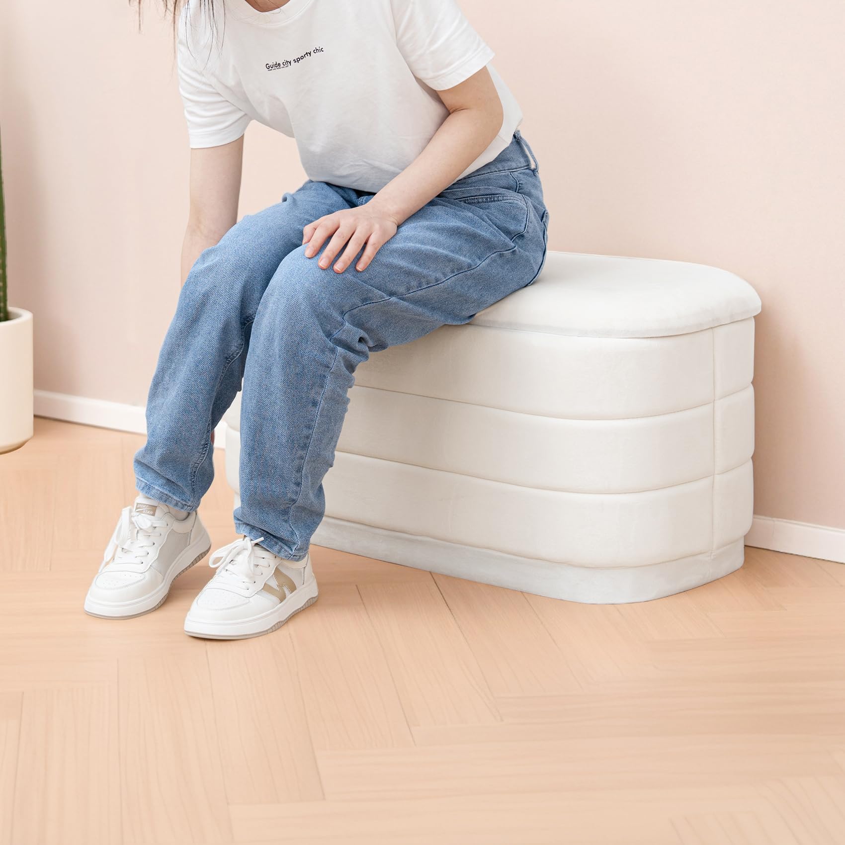 Bonlife Sitzbank mit Stauraum, Samt Klappbare Fußstütze mit Tisch, Bettende, Fußhocker für Wohnzimmer, Schlafzimmer, Flur, weißer Samt,76x38x38cm