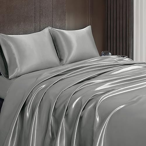 Miniatura 4 de Homiest Juego de 4 sábanas de satén de lujo con bolsillo profundo, 1 sábana bajera + 1 sábana encimera + 2 fundas de almohada (tamaño matrimonial,