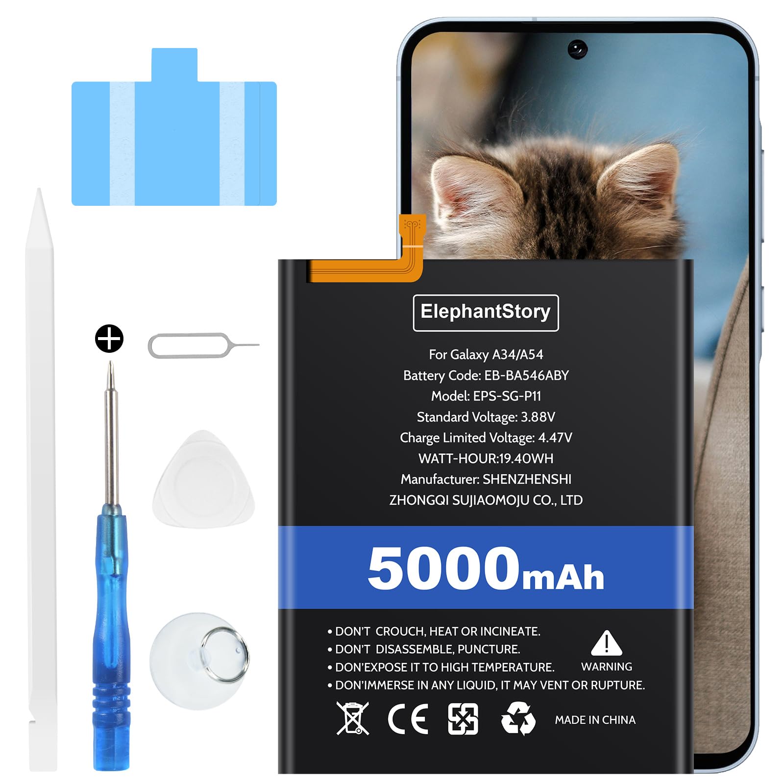 ElephantStory Batteria per Samsung Galaxy A34 5G SM- A346B/ A54 5G SM- A546B, EB-BA546ABY 5000 mAh Batteria di Ricambio Batteria Sostitutiva ai Polimeri di Litio con Strumenti di Riparazione