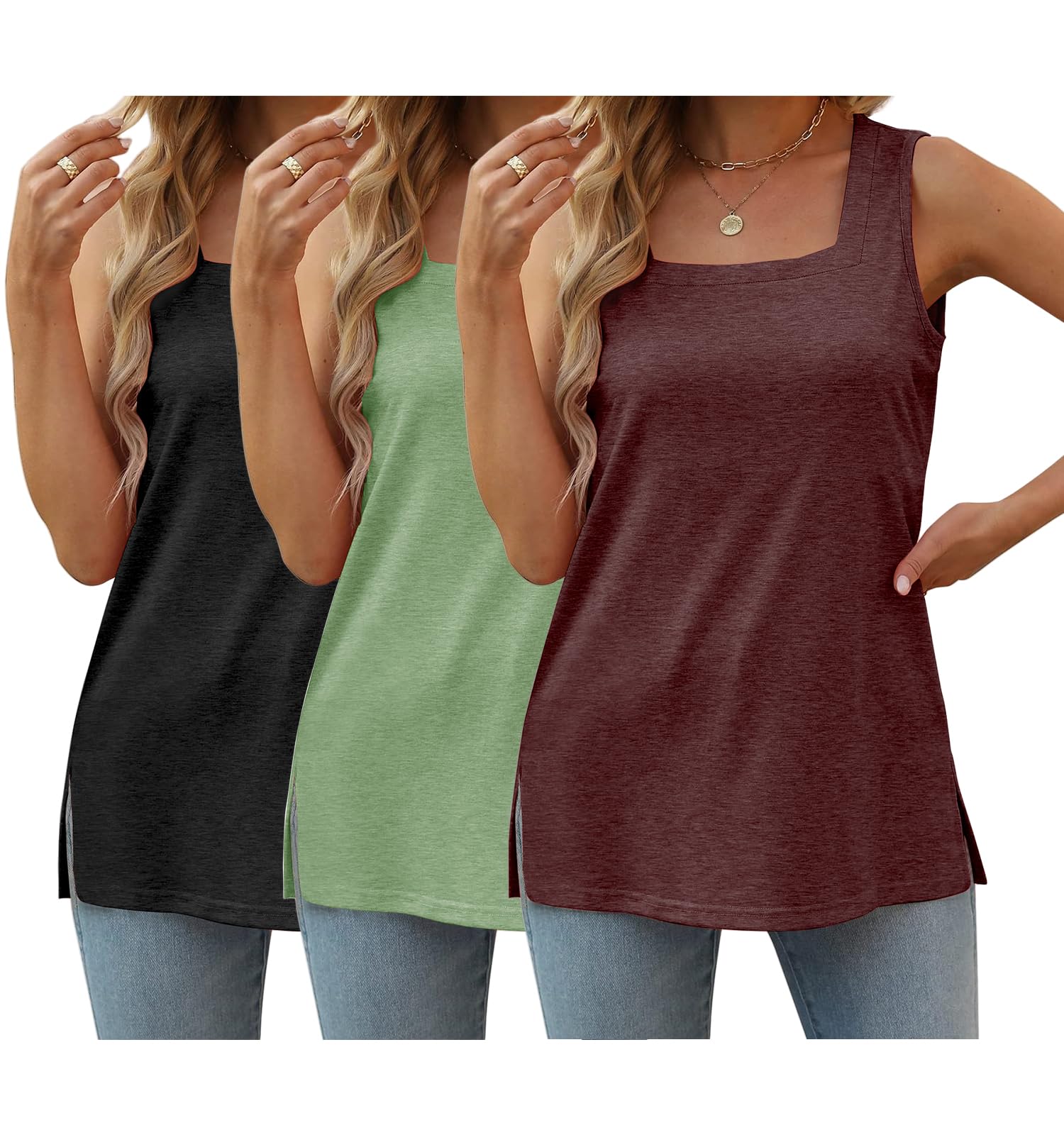 3 Pack Women Plus Size Square Neck Tank Tops