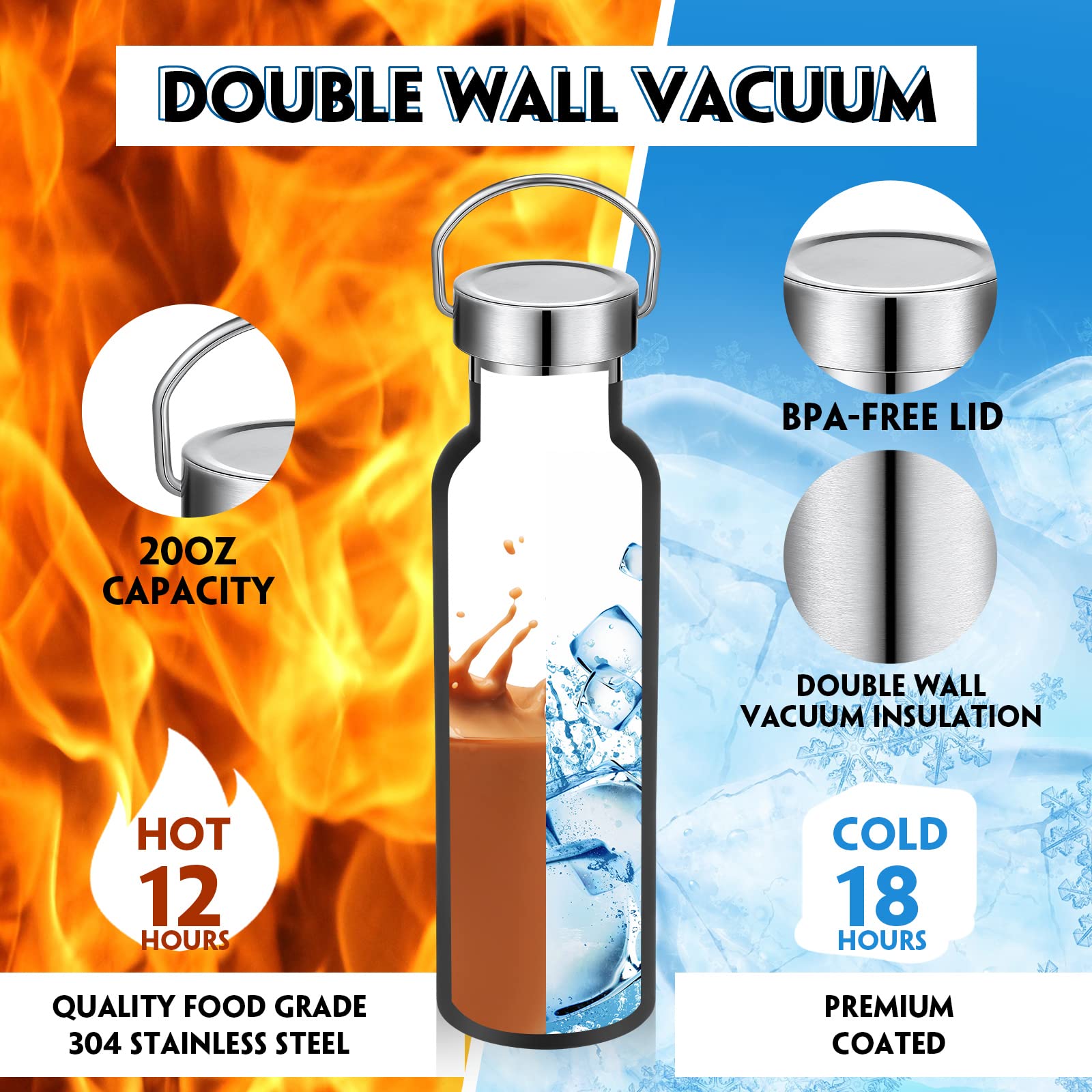 Mimorou 10 Pack Stainless Steel Sport Water Bottle 20 oz Double Wall Insulated Reusable Flask Vacuum Metal with Handle and Leakproof Lid for Cyclists Runners Hiker (Black)