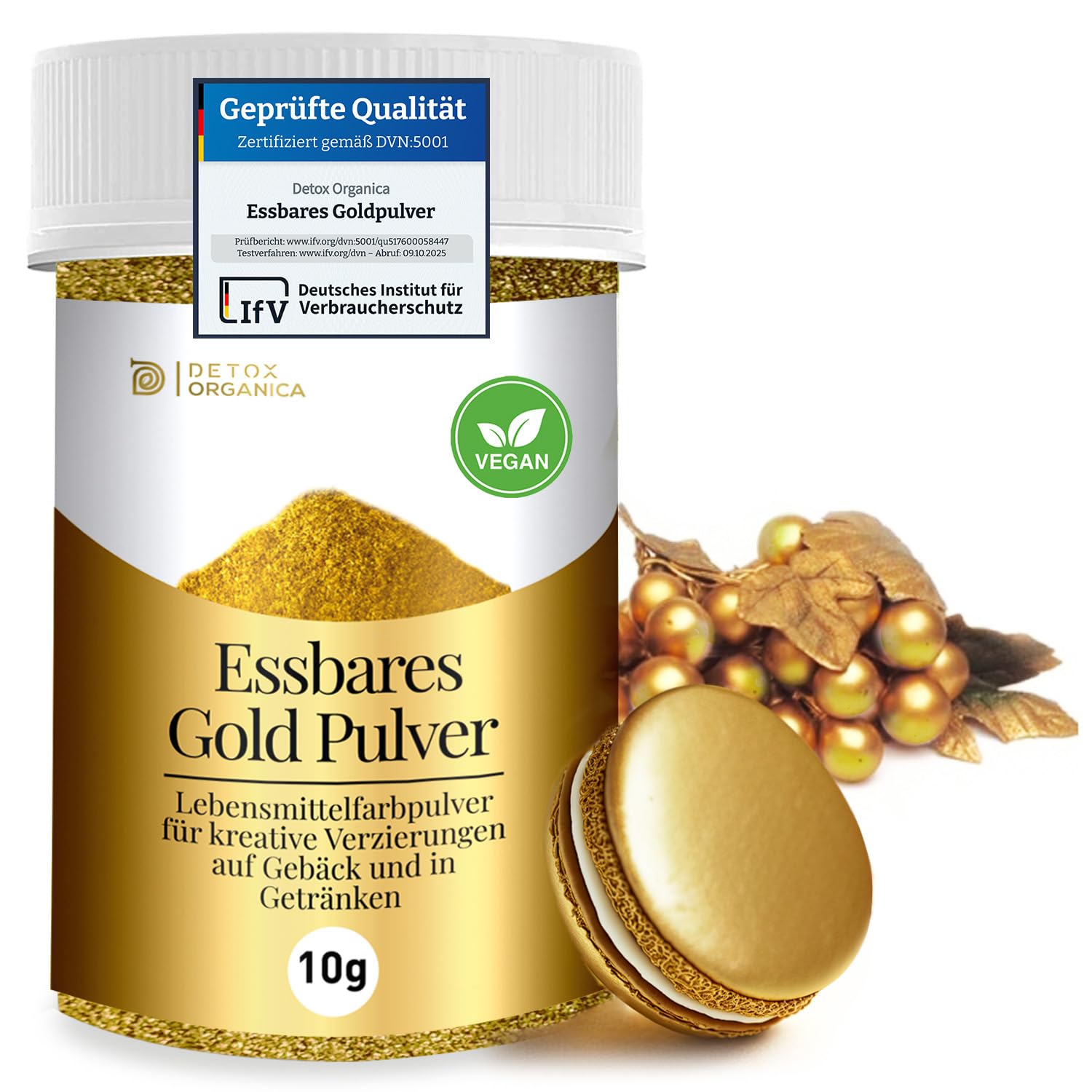 Detox Organica Goldpulver essbar, 10g Lebensmittelfarbe Gold ohne E171 Farbstoff, Goldstaub zum Backen und Dekorieren, Ideal für Torten, Kuchen, Schokolade und Getränke, Essbarer Glitzer