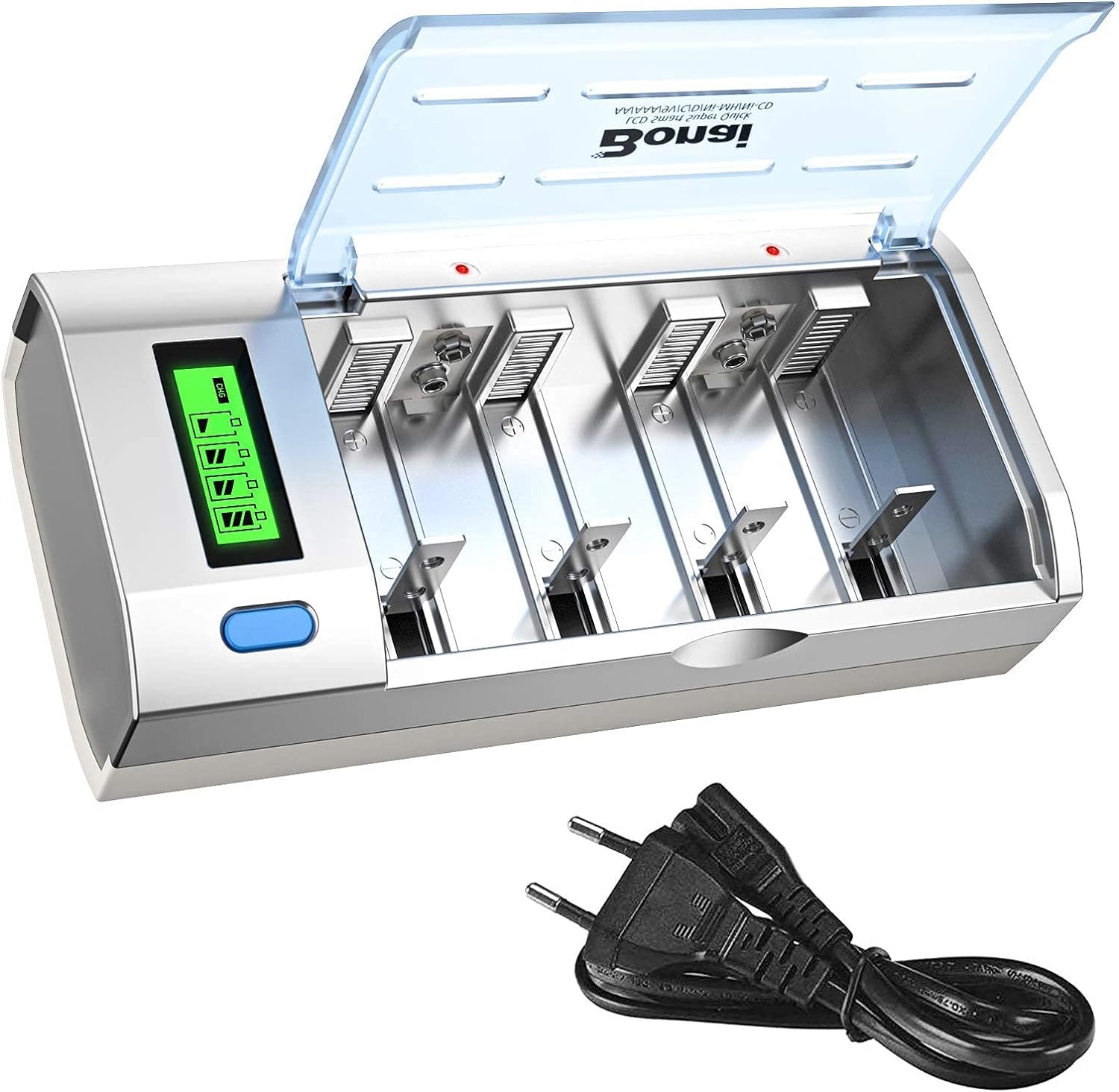BONAI Caricabatterie Universale per Batterie Ni-MH AA AAA C D e Li-ion 9V, Caricatore Rapido con Display LCD e Funzione di Scarica, 4 Slot Indipendenti