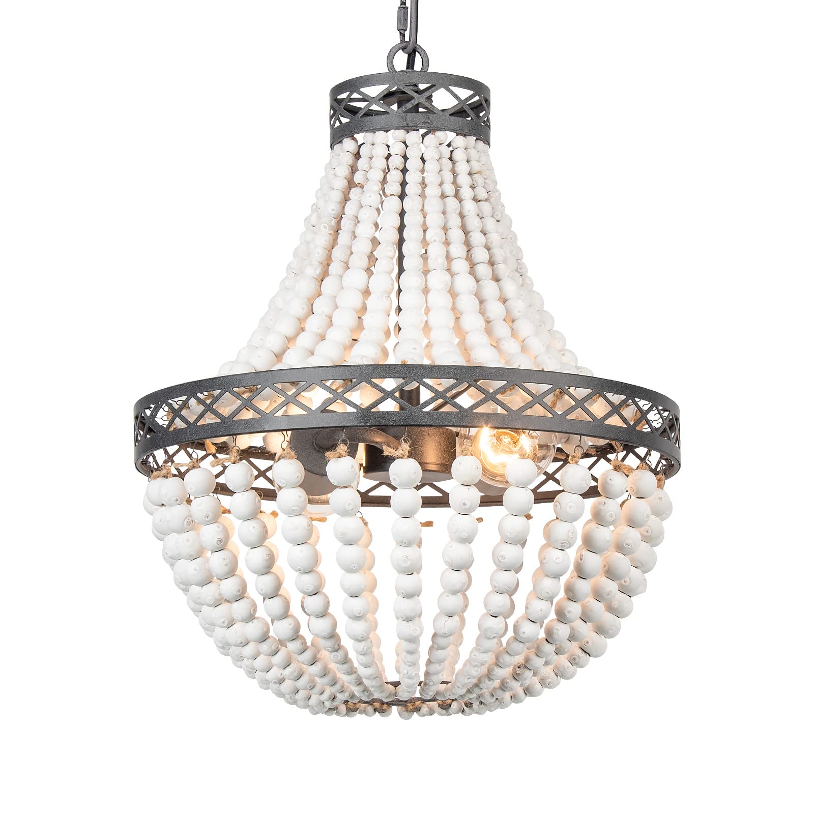 FIRVRE Lustre à 2 lumières en perles de bois de Bohème Finition métal antique Couleur naturelle Perles de bois pour salle à manger Chambres Cuisine Entrée Foyer Salon