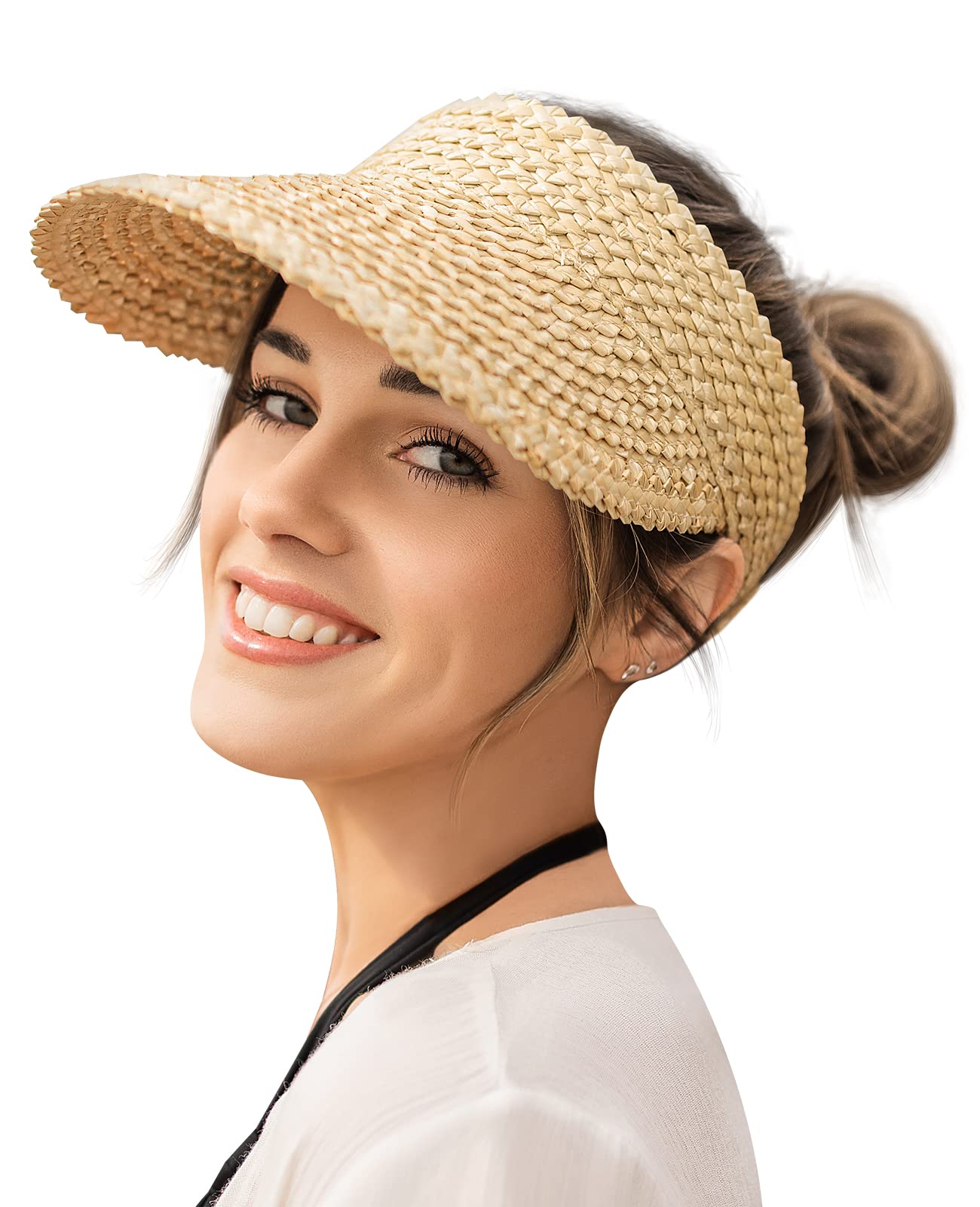 Straw Sun Visor for Women Packable Sun Beach Hats UV Protection UPF 50+ Summer Ponytail Hats for Women Travel, Vacation