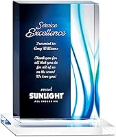 Vista 2 de Trofeo grabado – Acrílico azul – Forma rectangular – Acentos de rayas de colores – Grabado personalizado – Premio para empleados