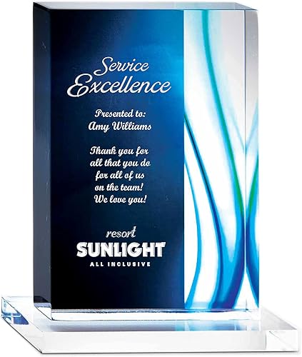 Miniatura 2 de Trofeo grabado  Acrílico azul  Forma rectangular  Acentos de rayas de colores  Grabado personalizado  Premio para empleados