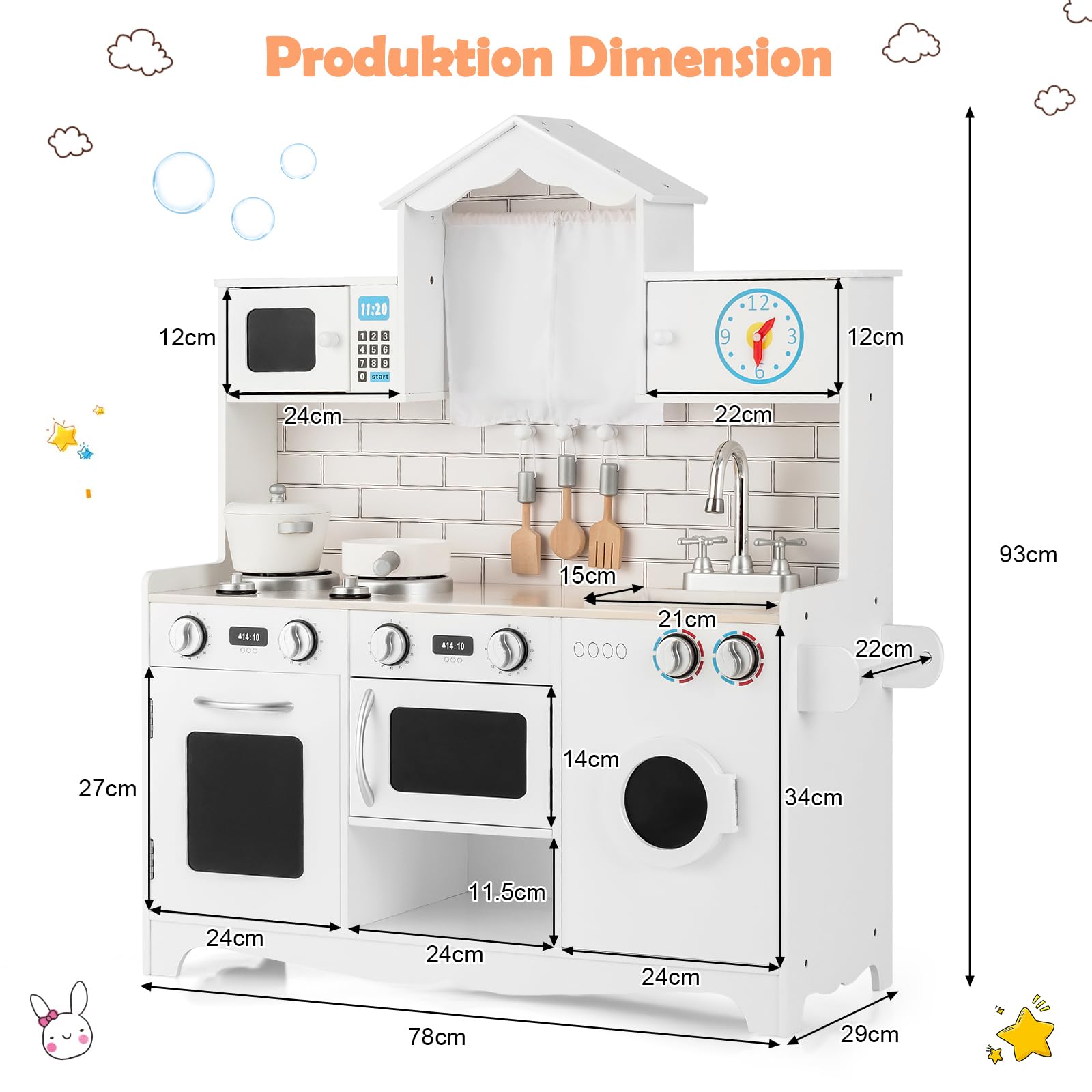 GOPLUS Kinderküche aus Holz, Holzküche Spielküche mit Waschbecken, Herd, Backofen, Mikrowelle & Waschmaschine, Kinderrollenspiele für Kinder inkl. Spielzubehör, 78 x 29 x 93cm