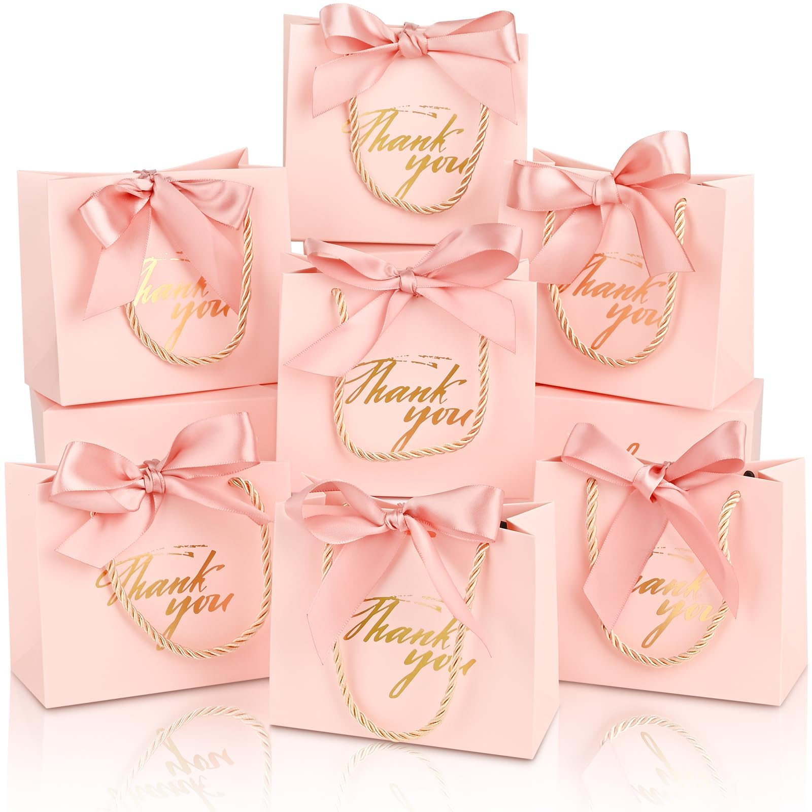 Mauproy 20 Pack Small Thank You Gift Bags with Handles, 5.5''x 2.5''x 4.7'' Mini Paper Gift Bags with Ribbons Party Favor Bags for Graduation Wedding Baby Shower (Pink)