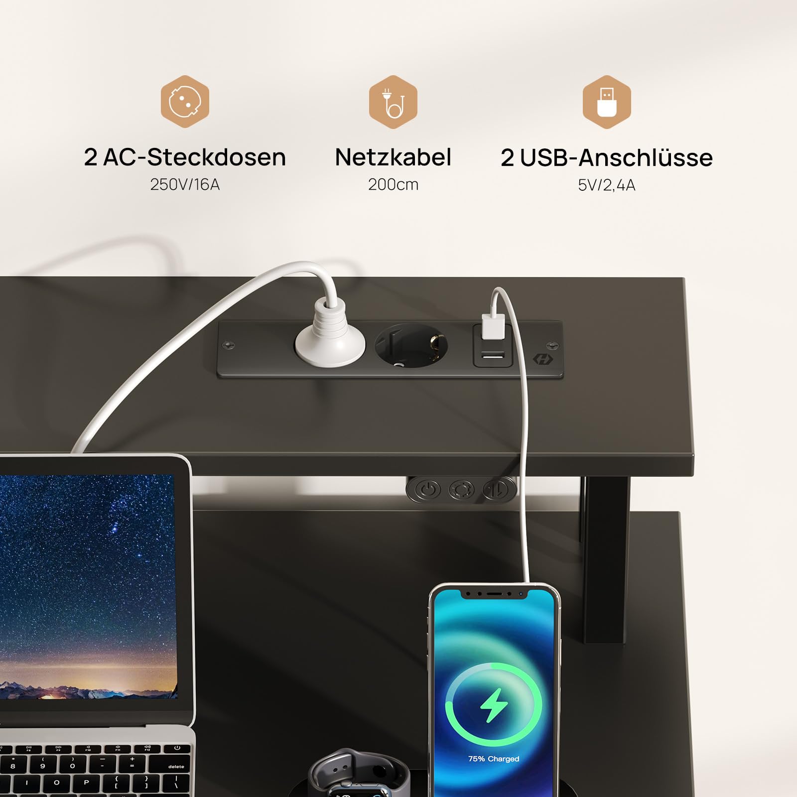 Rolanstar Schreibtisch mit 5 Schubladen, Computertisch mit Steckdosen, Gaming Tisch mit LED-Beleuchtung, Monitorständer, für Homeoffice, Schlafzimmer, Wohnzimmer, Büro (Schwarz, 140)