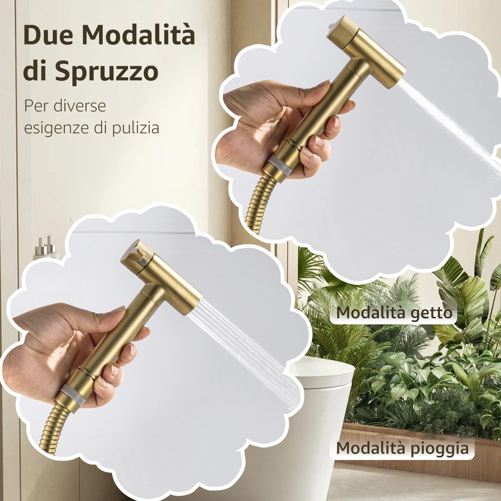 Doccetta per Bidet, 2 Modo de Agua Doccia Bidet, Non c'è Bisogno di Premere, Doccino per Bidet con Supporto e Tubo Flessibile, Adatto per L’igiene Personale/Pulizia del Bagno, Ottone
