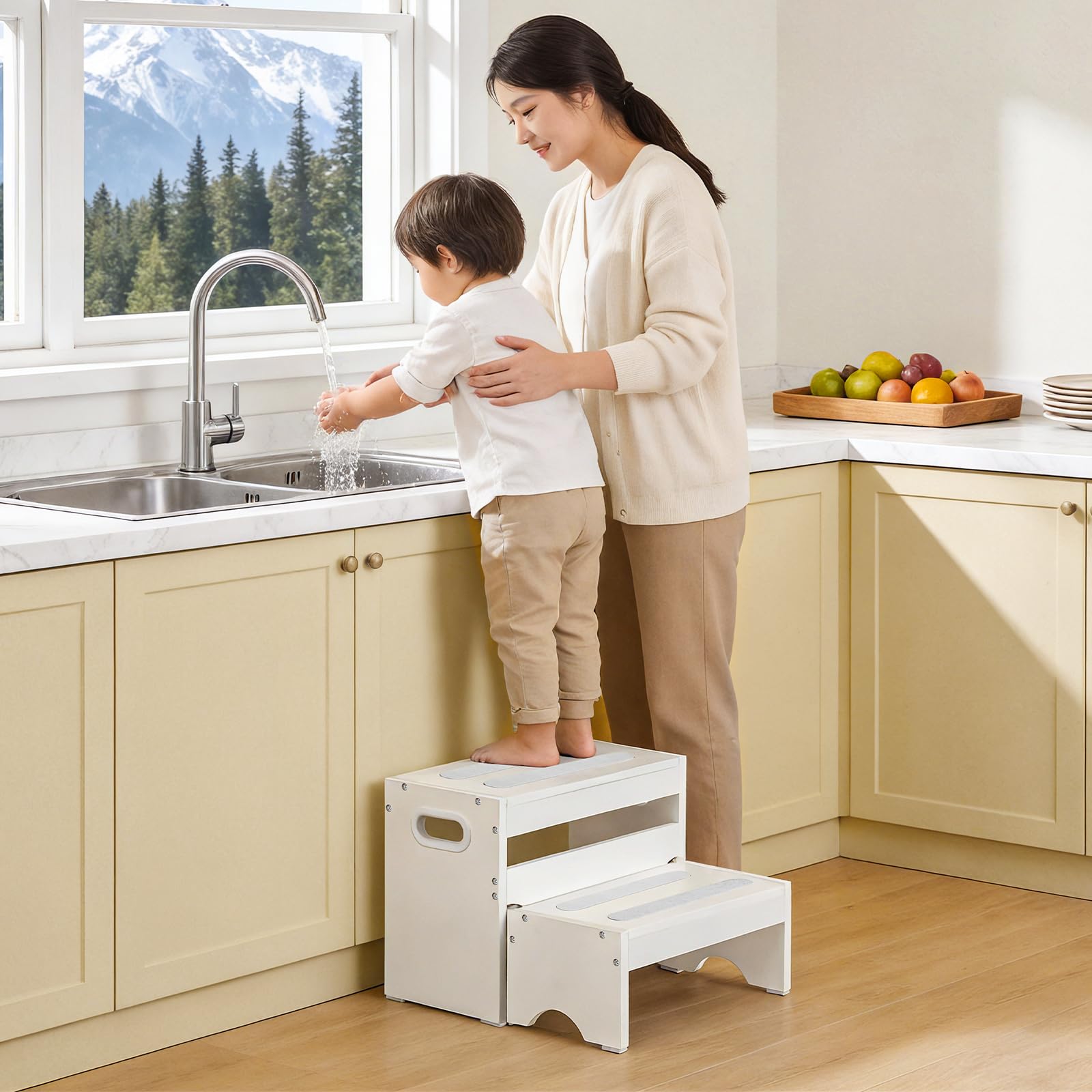 HOOBRO Kinderhocker Set, zweistufiger Tritthocker Kinder, Hocker Kinder, Küchenhelfer Turm, Kinderschemel mit Griffen und Antirutschstreifen, separat nutzbar, für Badezimmer, Küchen, Weiß EWT16JD01 - 5