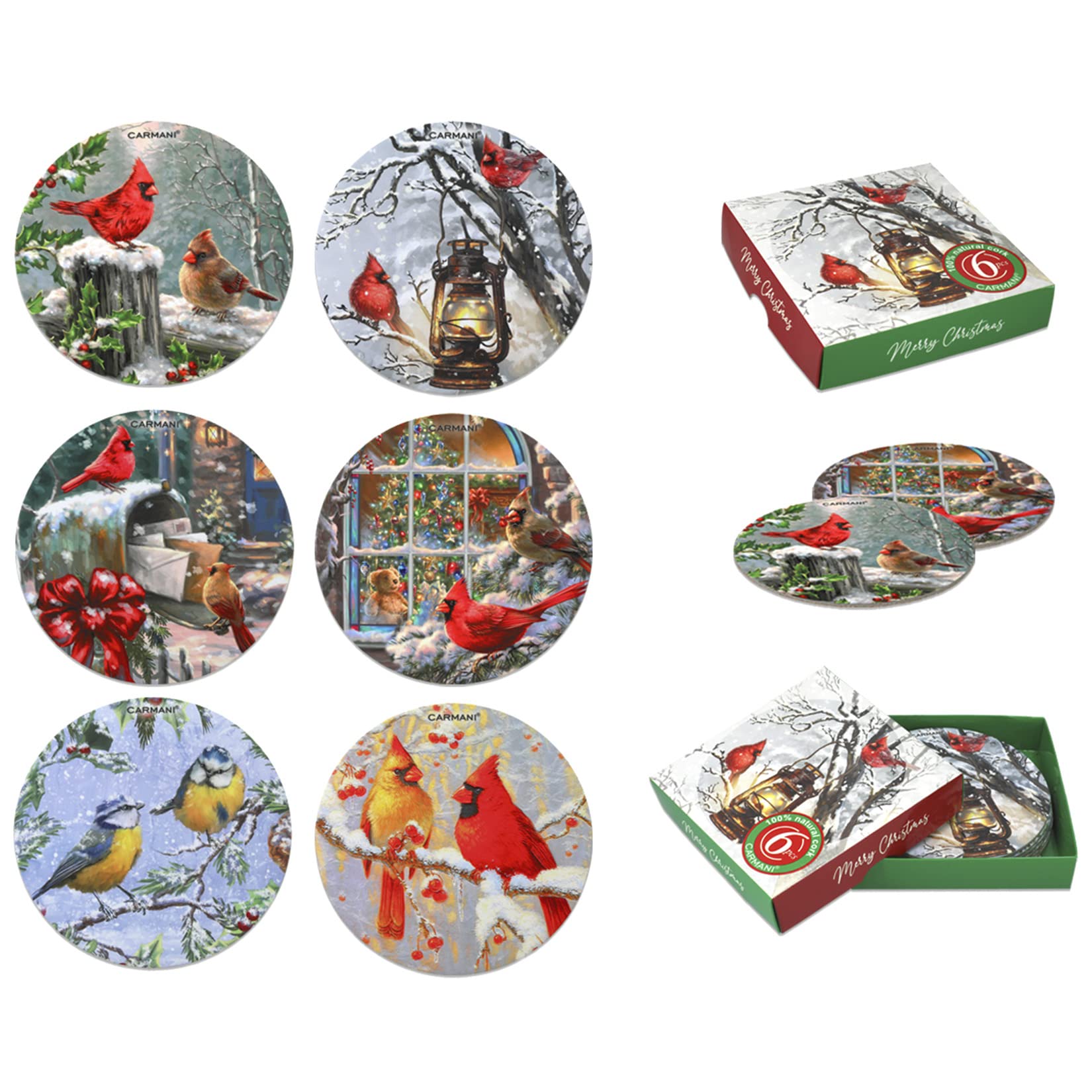 CARMANI - Circular Cork Pad Set of 6 Pieces Cork mat/Coaster Decorated with Christmas Theme Winter Birds, Multicolored