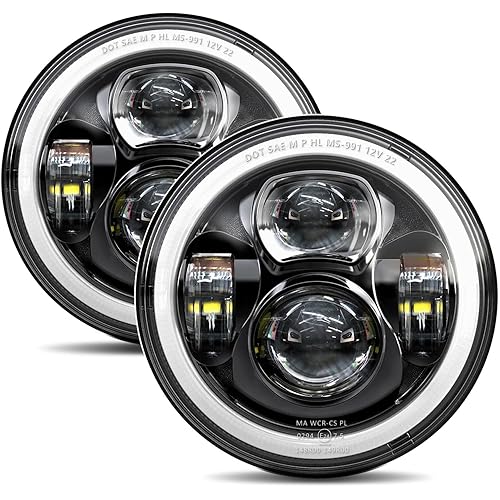 7-Inches LED Headlights H6024 Round Halo Compatible with Jeep Wrangler JK JKU H1 H2 Miata GMC Chevy Ford Dodge etc DOT Approved High/Low Beam DRL Turn Signal Headlamp Replacement Black Pair