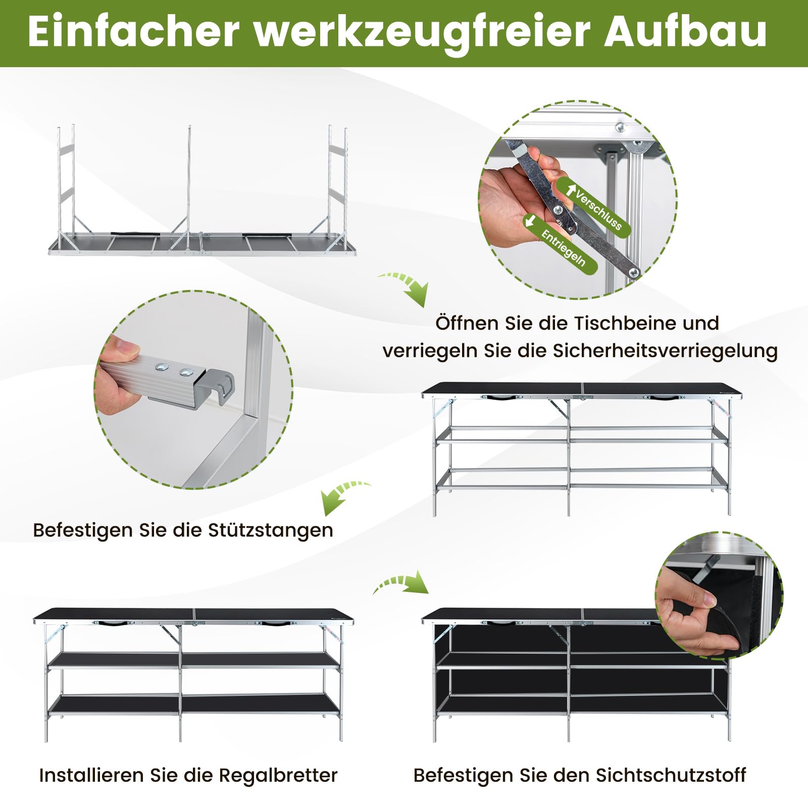 COSTWAY Campingschrank faltbar, tragbare Campingküche mit 2-stöckigen Regalen, Camping Faltschrank aus Aluminiumgestell, inkl. Tragetasche, für Picknick, Grillen, Partys, 206 x 38 x 83 cm
