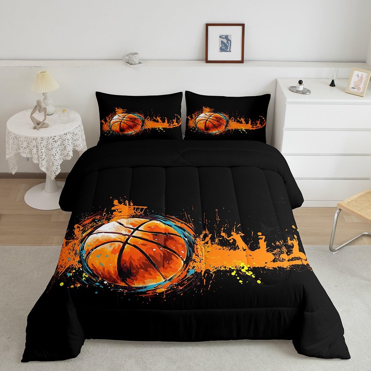 Castle Fairy Ball Game Sports King Size Comforter/Duvet Set,Cool Basketball Ultra Soft Bed Collection,Orange Tie-dye Graffiti Bedding for Room Decor 3 Pcs,Microfiber Breathable