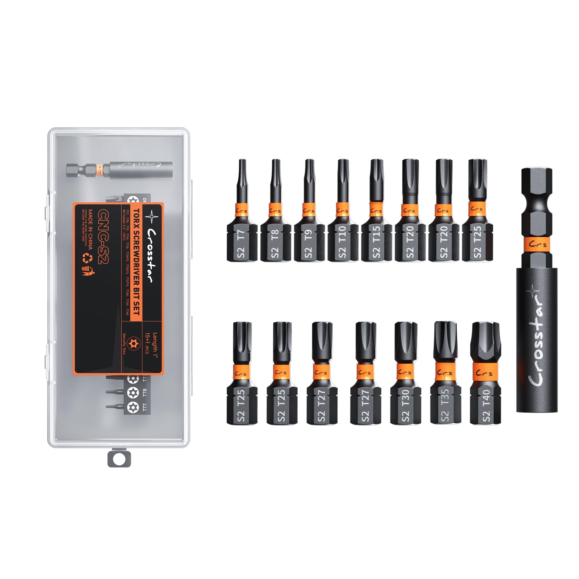Crosstar 16 Pcs 1" Impact Torx Bit Set, S2 Steel Magnetic Security Star Bits, Tamper Proof Torx Screwdriver Bits with CNC Tips for Drill/Driver, Automotive, Woodworking &amp; Home Repair