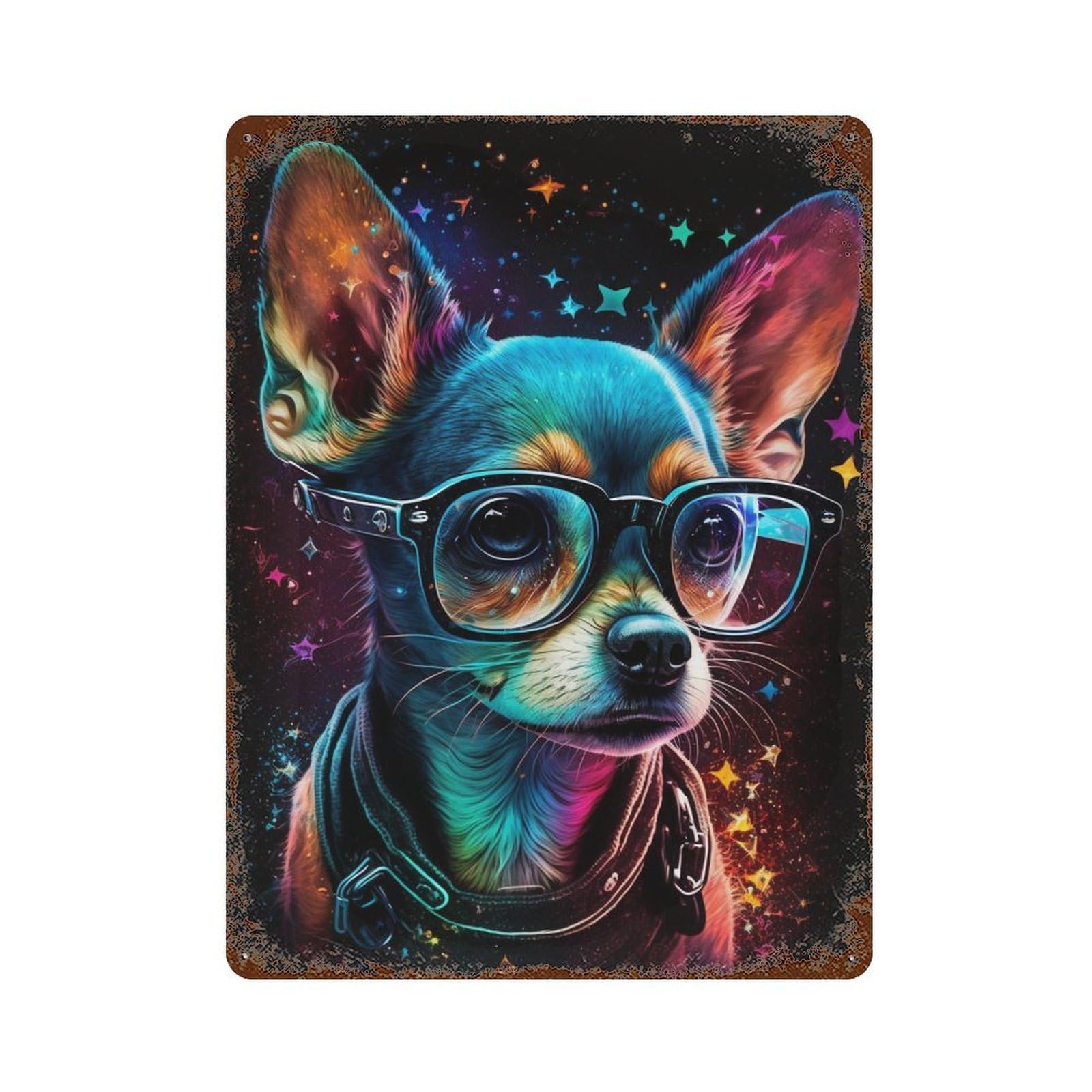 Retro Metal Sign Colorful Chihuahua Glasses Art Print -1 15.7"x11.8", Decorative Metal Wall Art for Pub, Kitchen And Man Cave Decor