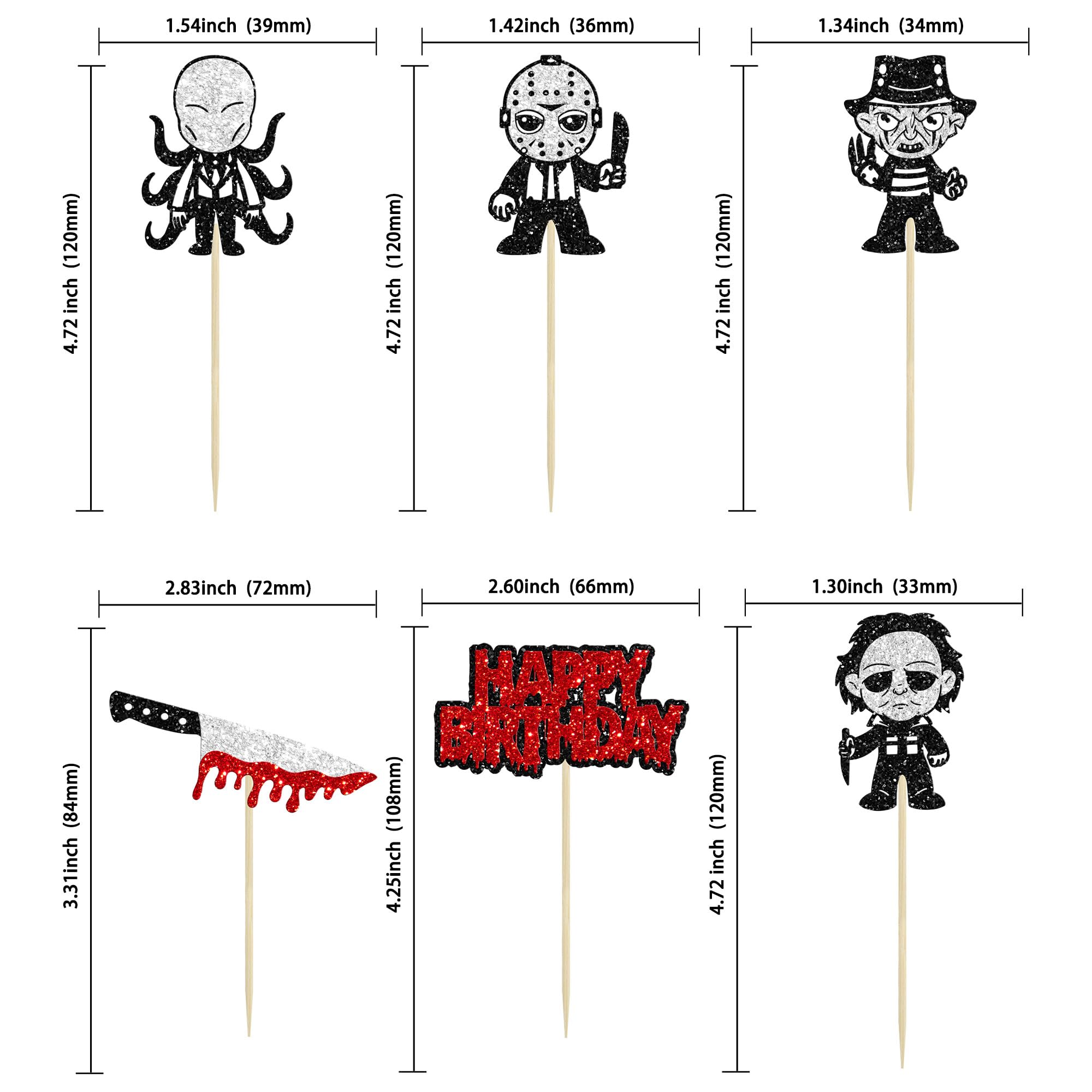 Gyufise 24 Pcs Horror Movie Cupcake Toppers - Glitter Ghost Cupcake Picks Killer Birthday Cake Decorations for Horror Movie Theme Birthday & Halloween Party