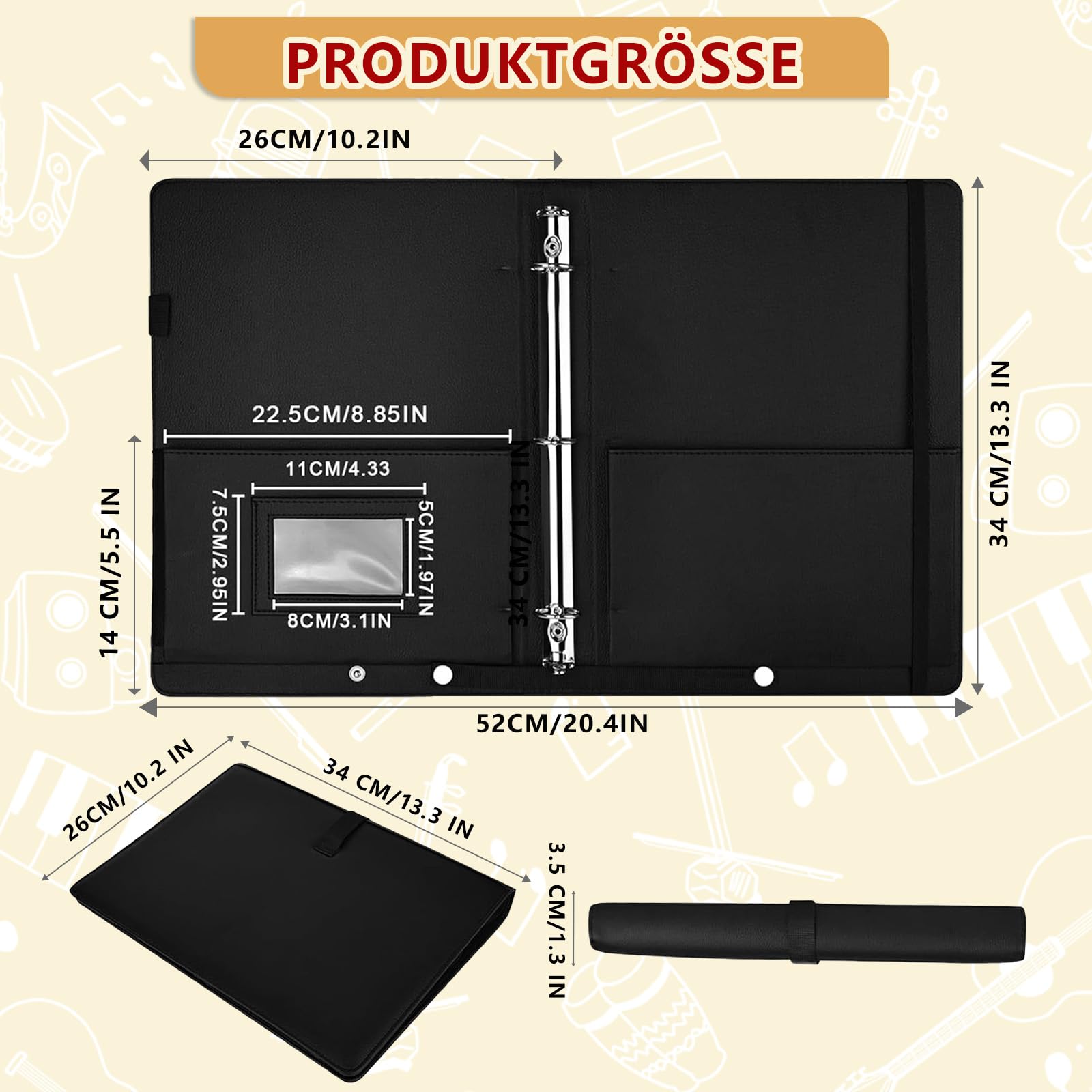 Carpeta para partituras A4 Coro Negro para cantantes con bolsillo interior y correa de mano de lujo a negro para partituras, carpeta para partituras A4 elastina – correa, función impermeable