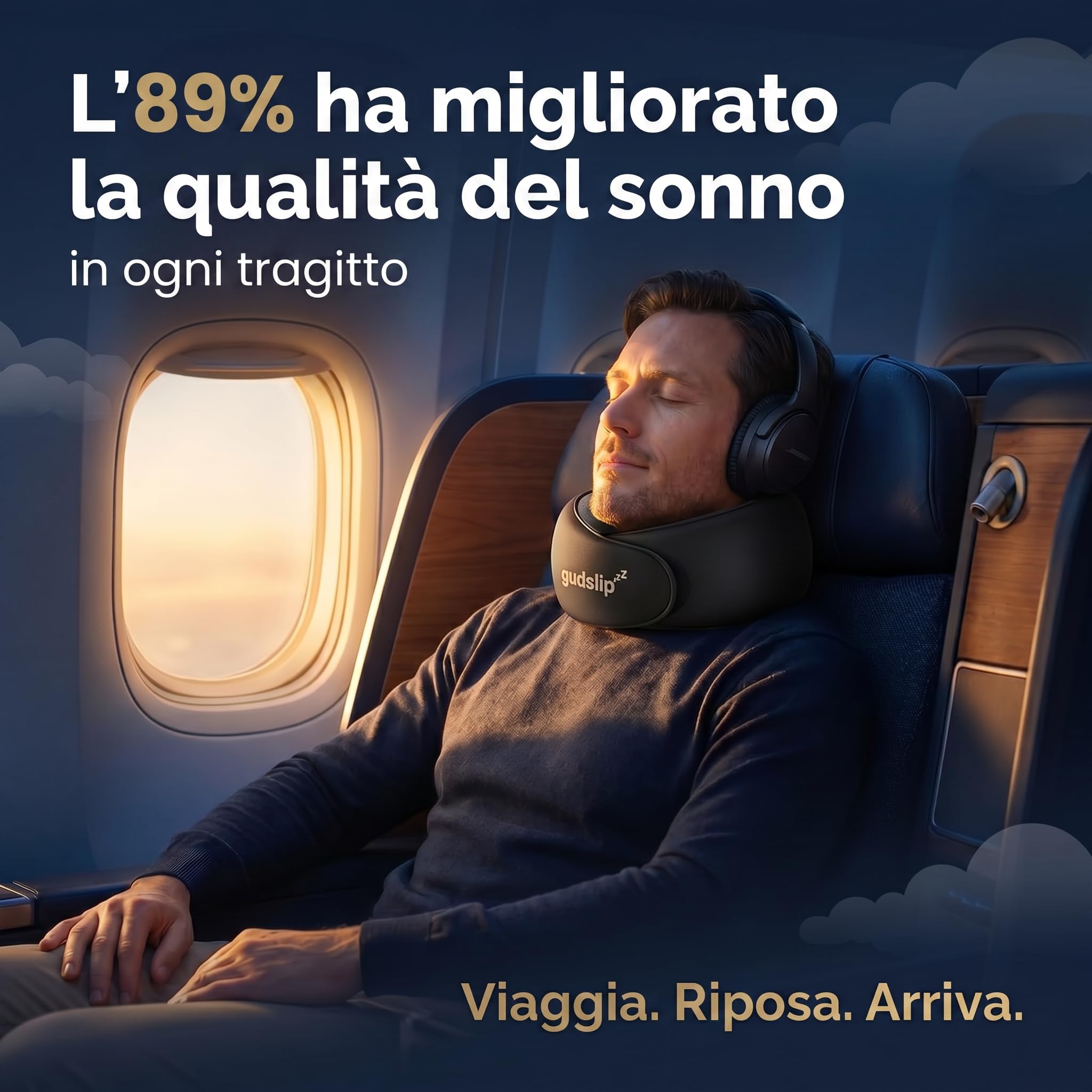 Cuscino da viaggio per il collo GudSlip® | Cuscino cervicale in memory foam regolabile a 360° | Fodera in Modal lavabile | Compatibile con cuffie | Aereo, treno, auto