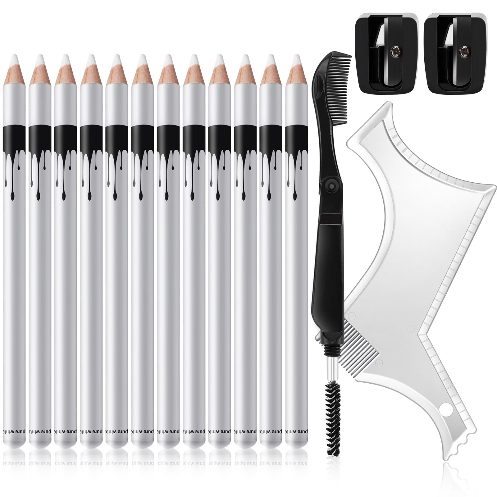 Ponhey 12Pcs Barber Pencil with 2 Sharpener 1 Sharpener Ruler Brush, White Magic Hairline Pencils for Lineup Beard Shaping Beard Guide Pen Barber Chalk for Beards Hair Makeup Design for Men