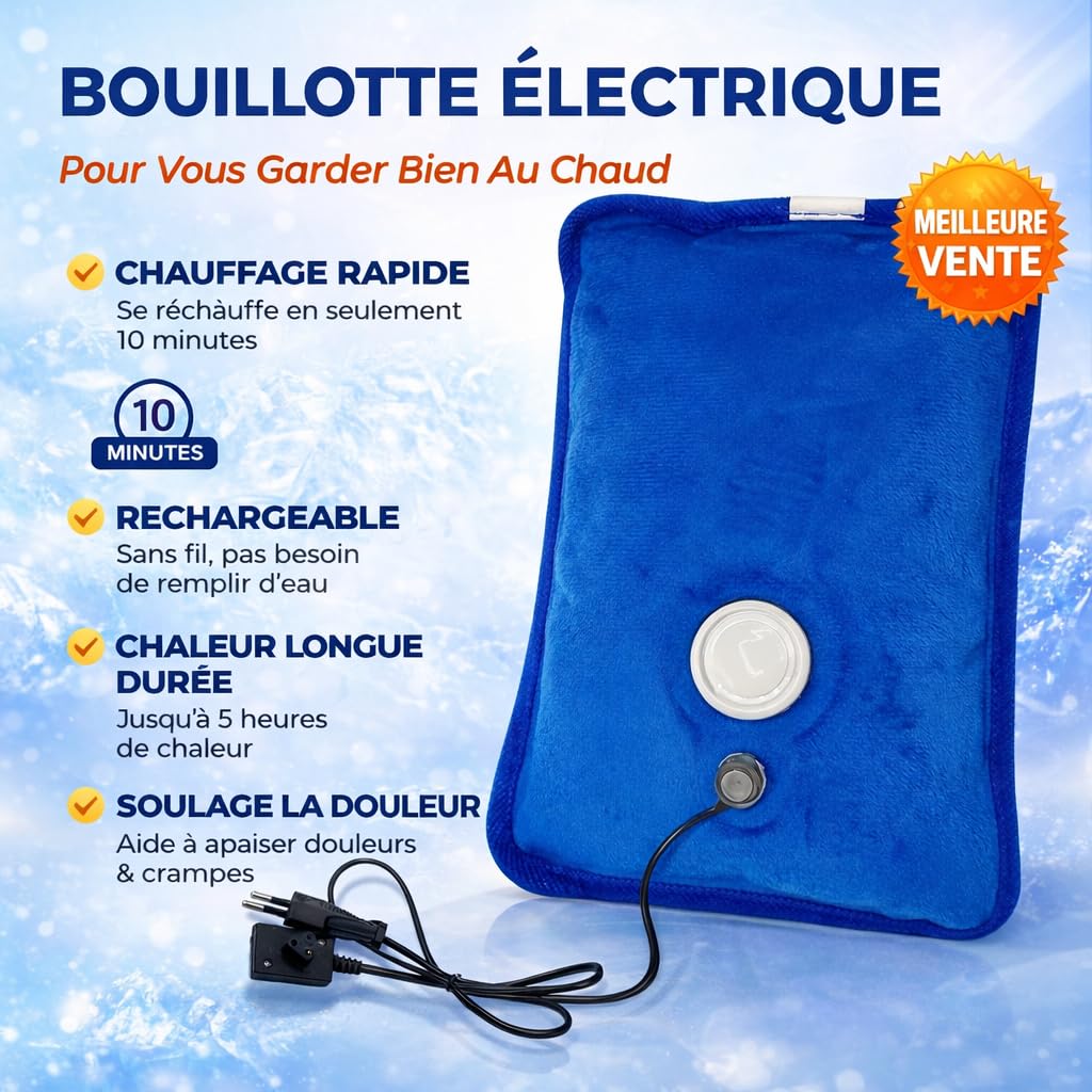 Wärmflasche, elektrisch, wiederaufladbar, Wärmflasche, Warmwasser, ideal zur schnellen Linderung von Rückenschmerzen und Menstruationsbeschwerden – 75 ºC – 600 W – Blau