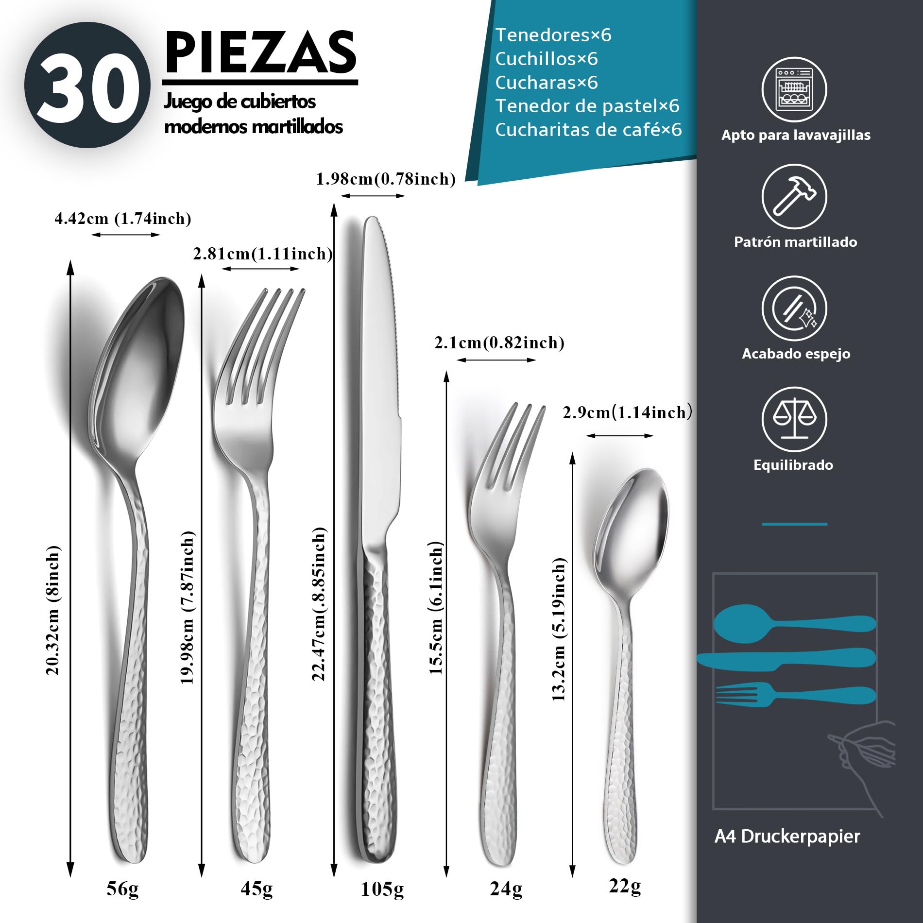 Juego de cubiertos martillados, EIUBUIE cuberterias completas 6 personas | 30 piezas, martillado doble cara, cubiertos acero inoxidable, pulido espejo, apto para lavavajillas, cuchillo cuchara tenedor