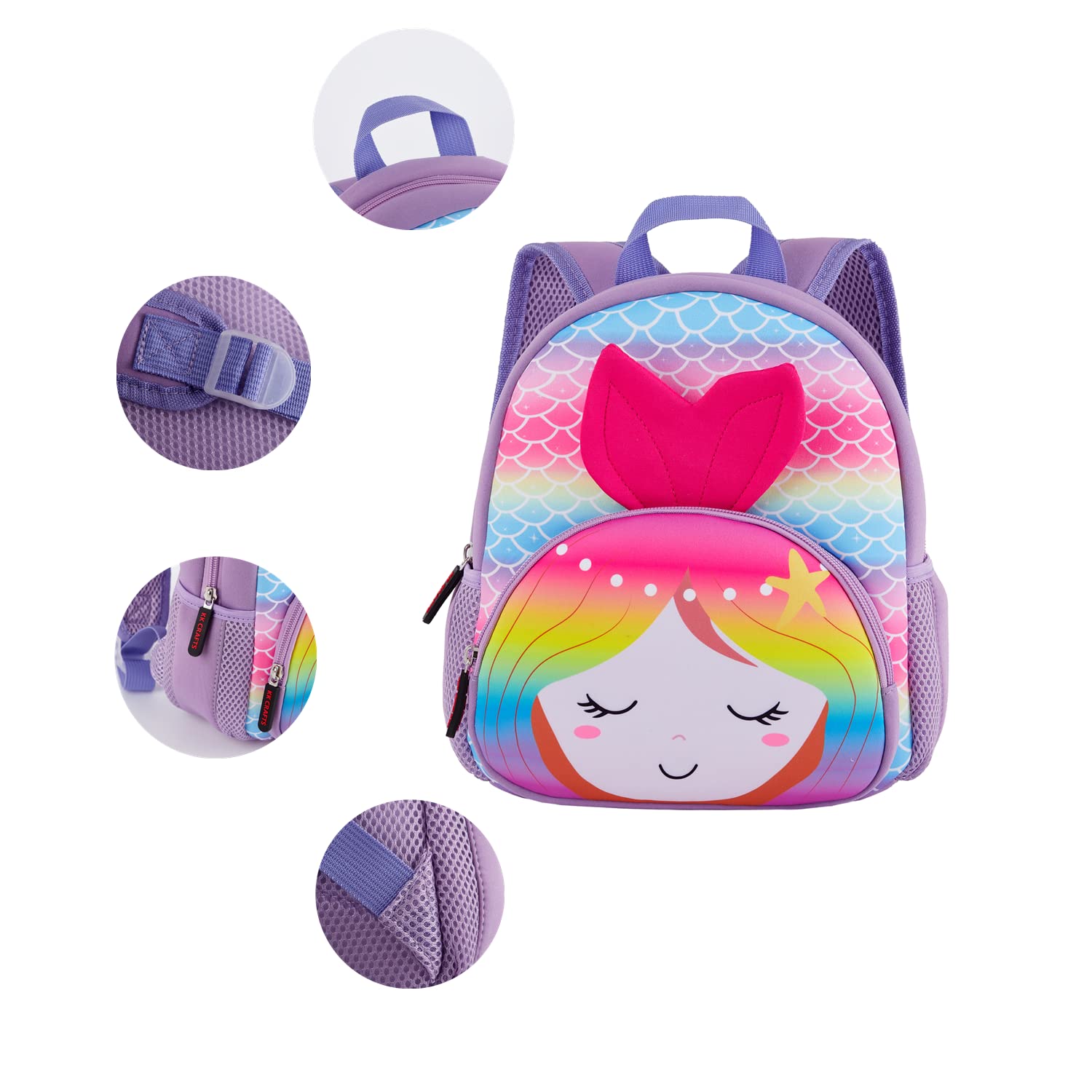 KK CRAFTS Mochila preescolar de neopreno para niños y niñas, Sirena colorida., Pre-k-10.2"H (Can't Fit Folder), Mochilas Daypack