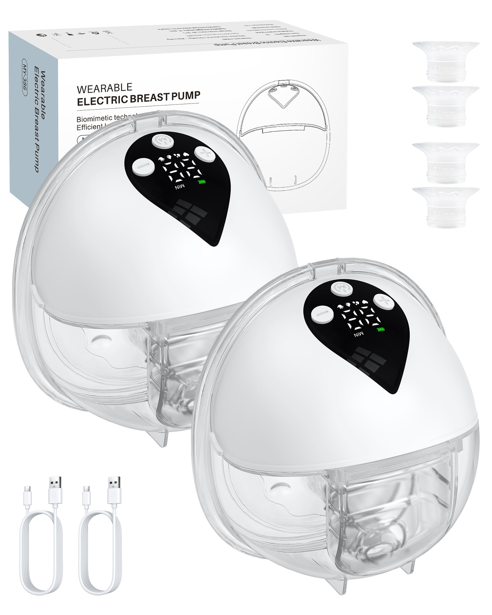 eSynic 2PACK Wearable Hand Free Breast Pump 4 Modes&12 Levels Electrical Breast Pump Wireless Breastfeeding Pump with 27/24/21mm Flange Portable Breast Milk Pump Leak-Proof LED Display BPA Free